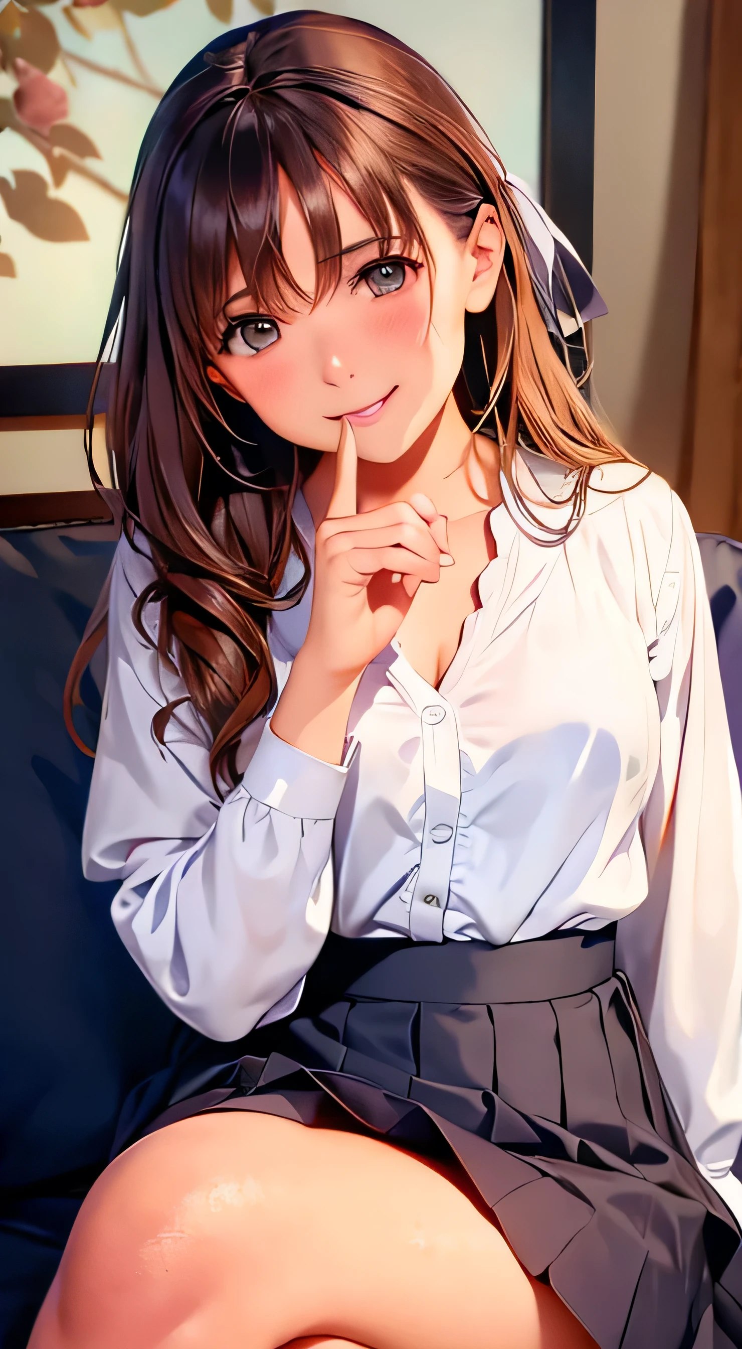  High Quality 、4K quality、 realistic、、 cute、zoom、 brown hair 、 gray eyes、  smaller chest、、blouse、 face close-up 、 Japanese Women、Age 25、 long hair that reaches the waist 、White ruffle shirt、brown ribbon tie 、 pull up your hair 、 open your mouth slightly and smile、 White Wrap Mini Skirt 、 stand with legs crossed 