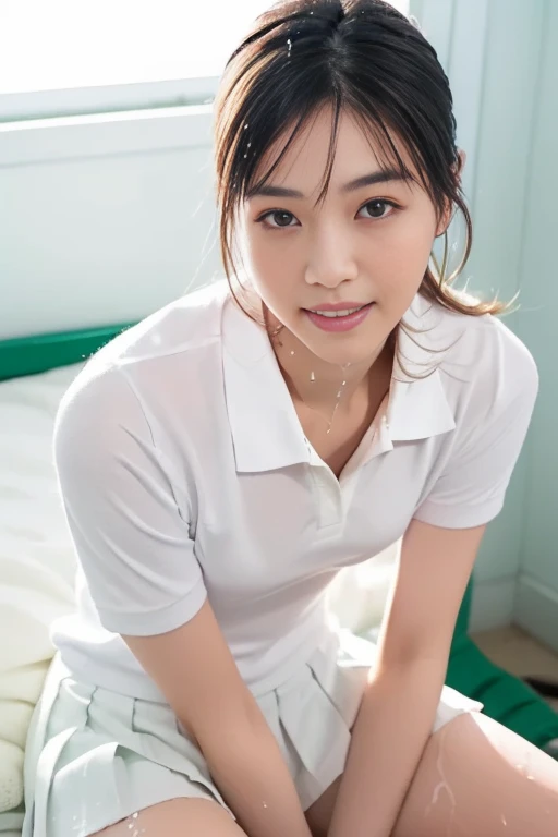 (Masterpiece, Best quality: 1.4), (Ultra realistic, Photo-realistic: 1.2), From above, From side, Sitting, Looking at viewer, Natural light, 28 years old acter, Japanese woman, Neat and clean, ((Wearing white tennis uniform, White short-sleeve polo shirt with collar, Not buttoning the polo shirt, White pleated tennis skirt: 1.3)), (Wearing white sock: 1.2), (Short wavy hair: 1.2), (Beautiful face), Oval face, clear, Beautiful eyes, Kind eyes, Clear skin, Small face, Beautiful mouth, Small mouth, Natural makeup, Approachable, Seductive smile, (Seductive pose: 1.4), (Beautiful thighs: 1.2), (Bedroom eyes: 1.1), Embarrassed, Blush, Luxury hotel Suite room, On bed, open legs, (wet body: 1.3), fellatio, penis