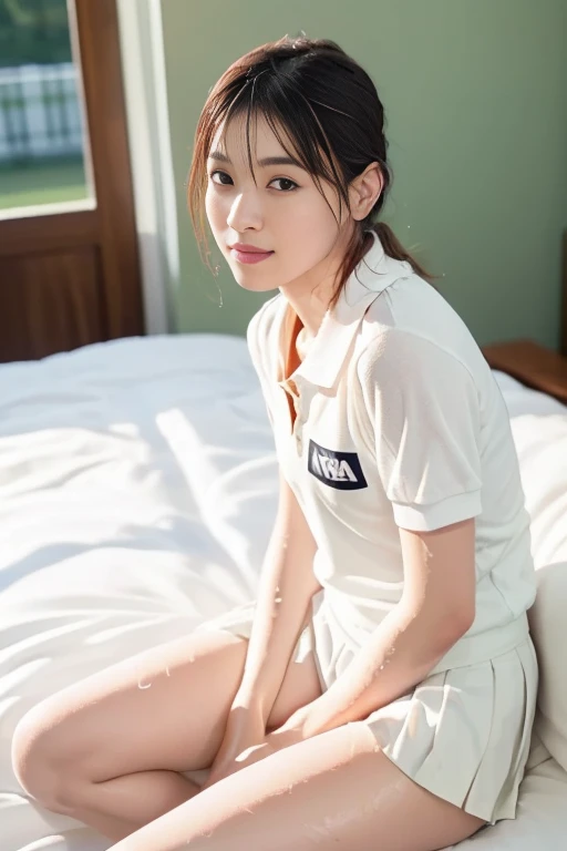 (Masterpiece, Best quality: 1.4), (Ultra realistic, Photo-realistic: 1.2), From above, From side, Sitting, Looking at viewer, Natural light, 28 years old acter, Japanese woman, Neat and clean, ((Wearing white tennis uniform, White short-sleeve polo shirt with collar, Not buttoning the polo shirt, White pleated tennis skirt: 1.3)), (Wearing white sock: 1.2), (Short wavy hair: 1.2), (Beautiful face), Oval face, clear, Beautiful eyes, Kind eyes, Clear skin, Small face, Beautiful mouth, Small mouth, Natural makeup, Approachable, Seductive smile, (Seductive pose: 1.4), (Beautiful thighs: 1.2), (Bedroom eyes: 1.1), Embarrassed, Blush, Luxury hotel Suite room, On bed, open legs, (wet body: 1.3), fellatio, penis