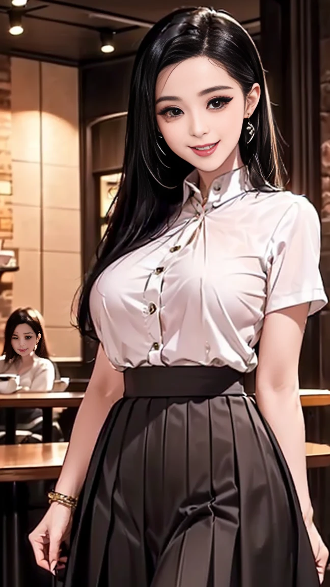 Exquisite, masterpiece, beautiful details, colorful, exquisite details, delicate lips, intricate details, large breasts, 1 female, (a beautiful 20-year-old cute Korean woman: 1.1), (kpop idol, Korean mixed), (50mm Sigma f /1.4 ZEISS lens, F1.4, 1/800s, ISO 100, photograpy: 1.1), (ponytail + brunette : 1.2), (photorealistic :1.4), (SPY:1.2), (Open Jacket,Shirt, Skirt,Tie, Black Pantyhose,Christian Louboutin\(Brand\),:1.3), Earrings, Necklaces, Armbands, (Tavern, Bar:1.2), (Beautiful Legs, High Girl, Skinny, slim_legs, thigh_gap, Model: 1.2), Lens flare, viewed from the front, (Happy smile: 1.1), dynamic pose, (makeup: 1.2), sitting on a bar stool, pantyhose, open legs, soles of feet,