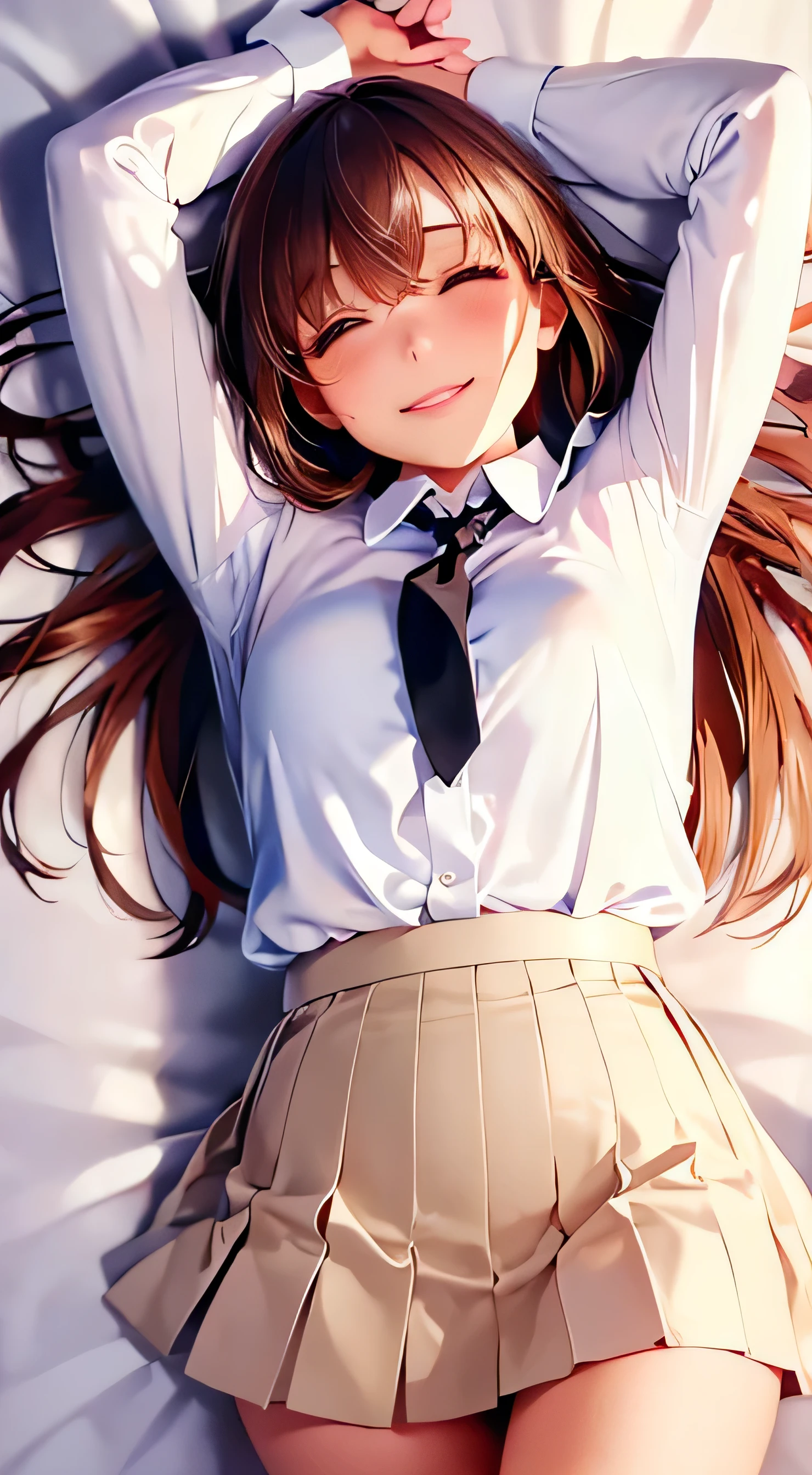  High Quality 、4K quality、 realistic、、 cute、zoom、 brown hair 、 gray eyes、  smaller chest、、blouse、 face close-up 、 Japanese Women、Age 25、 long hair that reaches the waist 、White ruffle shirt、brown ribbon tie 、 pull up your hair 、 open your mouth slightly and smile、 White Wrap Mini Skirt 、Lie on your back in bed、((arms up:1.3)), close my eyes