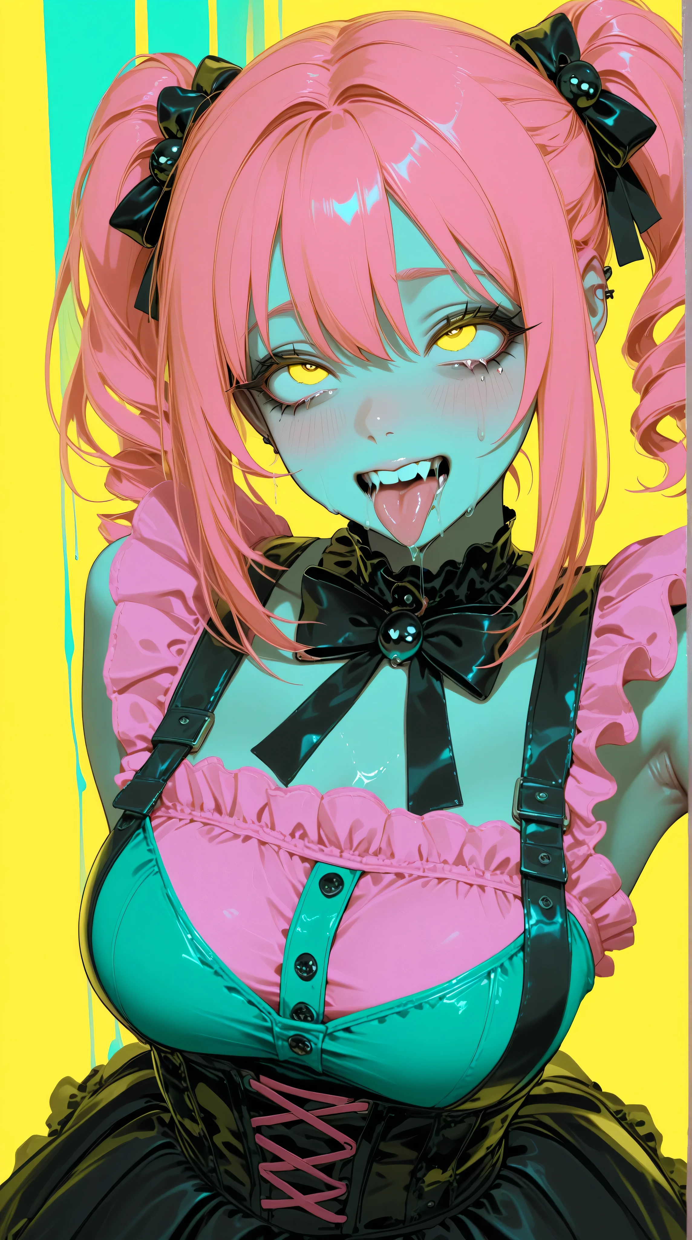 Kizi，Highly detailed, Amazing work，Vitreous luster,((clean backdrop))，In green，(((yellow colors)))，blue color，pink colour，ahegao, Best quality at best，clean backdrop。goth, 