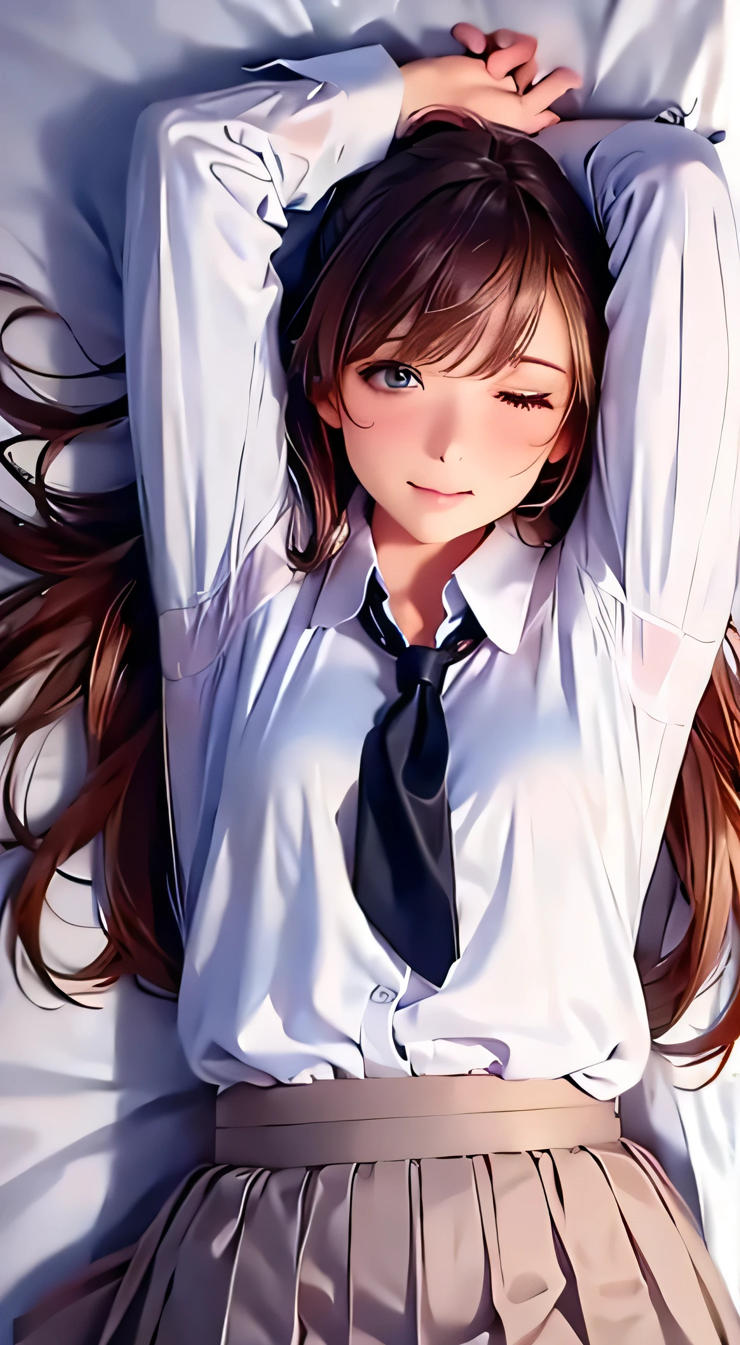 High Quality 、4K quality、 realistic、、 cute、zoom、 brown hair 、 gray eyes、 smaller chest、、blouse、 face close-up 、 Japanese Women、Age 25、 long hair that reaches the waist 、White ruffle shirt、brown ribbon tie 、 pull up your hair 、 with his mouth slightly open 、 White Wrap Mini Skirt 、Lie on your back in bed、((arms up:1.3)), close my eyes