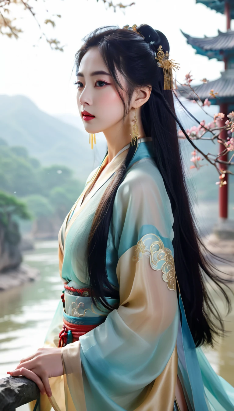  A peerless beauty from ancient China ， in exquisite Hanfu ， standing in a mysterious ancient landscape ， Long hair fluttering like a waterfall ，Clothes fluttering in the wind。 surrounded by clouds ， and the mysterious mountains of the river in the distance The fog envelops the ， mythical beasts swimming in the air ， ancient runes in the surrounding air looming in the middle， reveals a strong sense of time and space 。 The golden afterglow of the sunset shines on her ， The surrounding light and shadow are interlaced ， The warm and cool colors shine on each other ， scene filled with a mysterious and otherworldly atmosphere 。 surreal details ， inspired by traditional Chinese fantasy art ，Delicate and gorgeous ，Delicate light and shadow effects，8K Ultra HD quality。