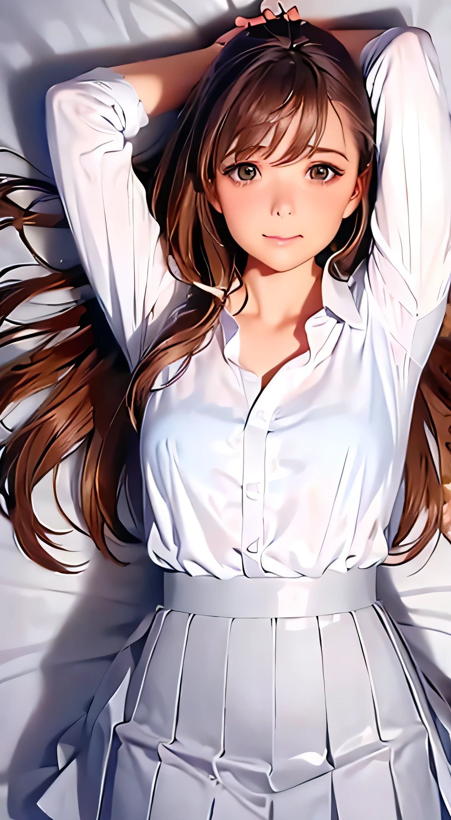 quality、4Kquality、 realistic、、 cute、zoom、 brown hair 、 gray eyes、 smaller chest、、blouse、 face close-up 、 Japanese Women、Age 25、 long hair that reaches the waist 、White ruffle shirt、brown ribbon tie 、 pull up your hair 、 with his mouth slightly open 、 White Wrap Mini Skirt 、Lie on your back in bed、((arms up:1.3)),Close both eyes tightly