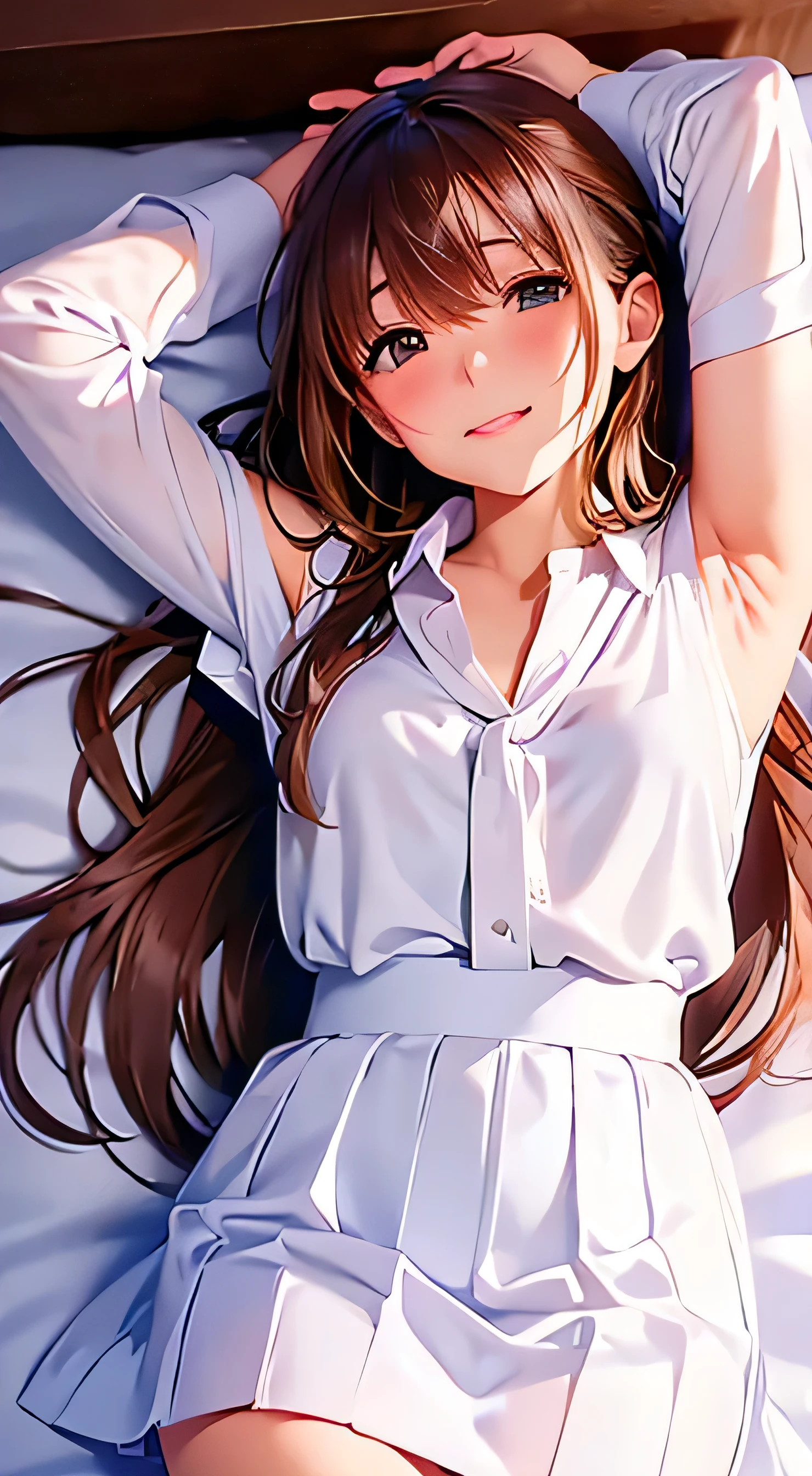 quality、4Kquality、 realistic、、 cute、zoom、 brown hair 、 gray eyes、 smaller chest、、blouse、 face close-up 、 Japanese Women、Age 25、 long hair that reaches the waist 、White ruffle shirt、brown ribbon tie 、 pull up your hair 、 with his mouth slightly open 、 White Wrap Mini Skirt 、Lie on your back in bed、((arms up:1.3)),Close both eyes tightly、With an ecstatic look