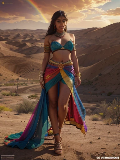 A (((vividly detailed Arabic belly dancer))) performing a graceful and rhythmic dance in the heart of a (desert oasis), with sand dunes and kaleidoscopic patterns of light reflecting off her glistening body