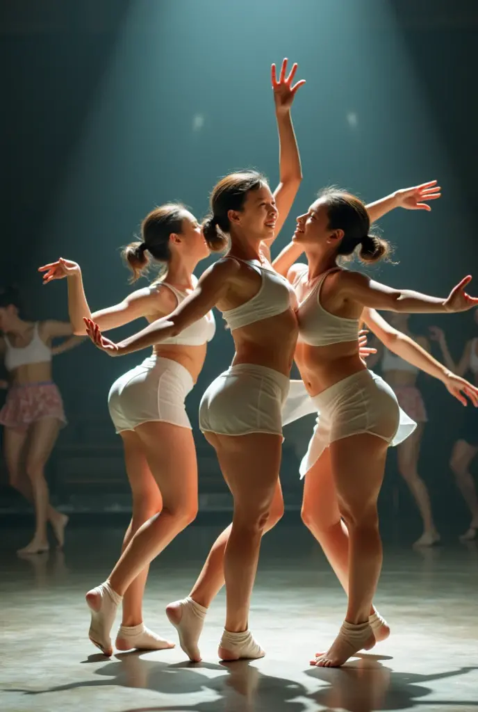 The poster captures a poignant moment in a dimly lit ballet studio. Three teenage ballerinas, each with a distinct presence and expression, are depicted mid-performance.
The backdrop of the studio is softly blurred, focusing attention on the dancers and their emotional performance. The studio's ambiance is tranquil yet evocative, enhanced by the soft glow of overhead lights that bathe the scene in a gentle, melancholic
hue.
Please make it aesthetic