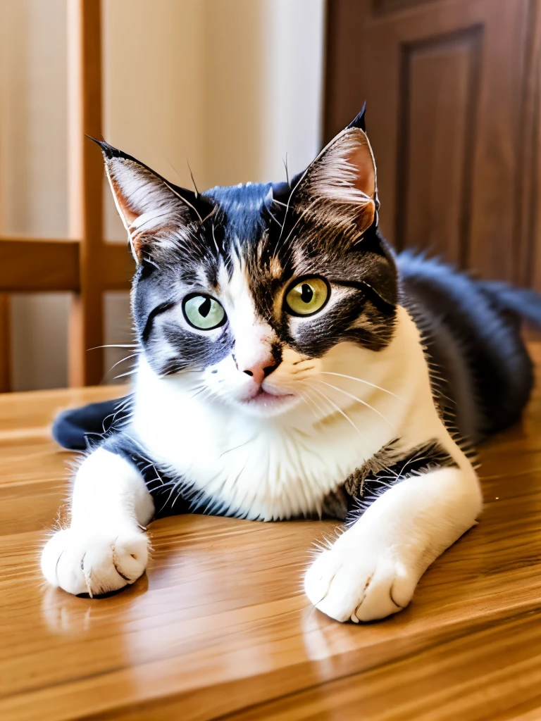 there is a cat that is laying down on a table, a cute cat, cute cat, awesome cat, cute cat photo, beautiful cat, an adorable kitten, sora as a cat, photo of a cat, beautiful cat feet, cat photo, the cutest kitten ever, smileeeeeee, a handsome, playful smirk, staring at the camera, cute kitten