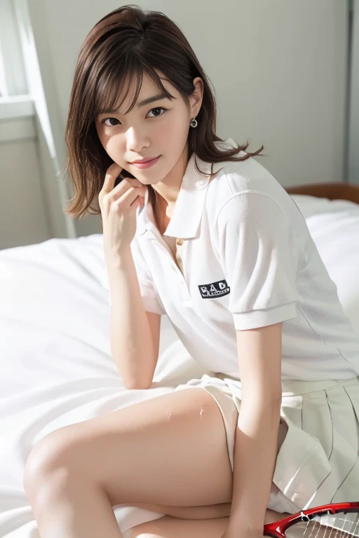 (Masterpiece, Best quality: 1.4), (Ultra realistic, Photo-realistic: 1.2), From above, From side, Sitting, Looking at viewer, Natural light, 28 years old acter, Japanese woman, Neat and clean, ((Wearing white tennis uniform, White short-sleeve polo shirt with collar, Not buttoning the polo shirt, White pleated tennis skirt: 1.3)), (Wearing white sock: 1.2), (Short wavy hair: 1.2), (Beautiful face), Oval face, clear, Beautiful eyes, Kind eyes, Clear skin, Small face, Beautiful mouth, Small mouth, Natural makeup, Approachable, Seductive smile, (Seductive pose: 1.4), (Beautiful thighs: 1.2), (Bedroom eyes: 1.1), Embarrassed, Blush, Luxury hotel Suite room, On bed, (open legs:1.3), (wet body: 1.2), fellatio, penis