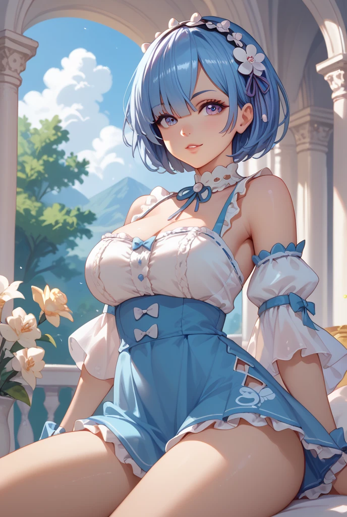 photorealistic, (hyperrealistic:1.2), beautiful, masterpiece, best quality, extremely detailed face, perfect lighting, full body, large breasts, wide hips, thick thighs, chubby, detailed eye makeup, detailed face, well-detailed eyes, heavy eye makeup, neckline, blue hair, maid's headdress, maid, blue eyes, white pants, (highlighted sleeves:1.2), portrait, maid apron, Kpop idol, ram\(re:zero\), ram\(re:zero\), (light blue short hair), detailed hands and fingers, nature, scenery, village, squat, legs together, panties under skirt, blue panties,