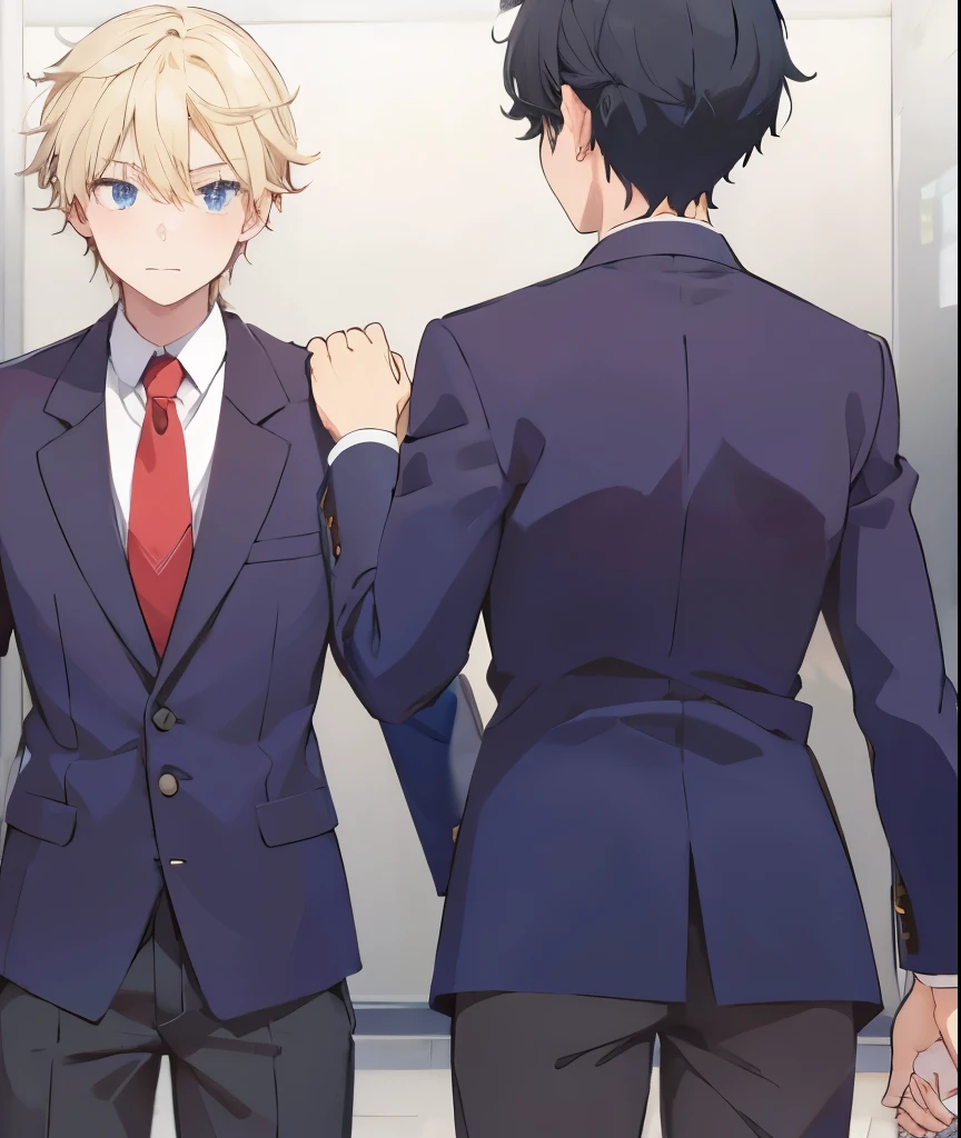 2 anime boys, wearing white shirt, red tie, black pants, hand on shoulder 