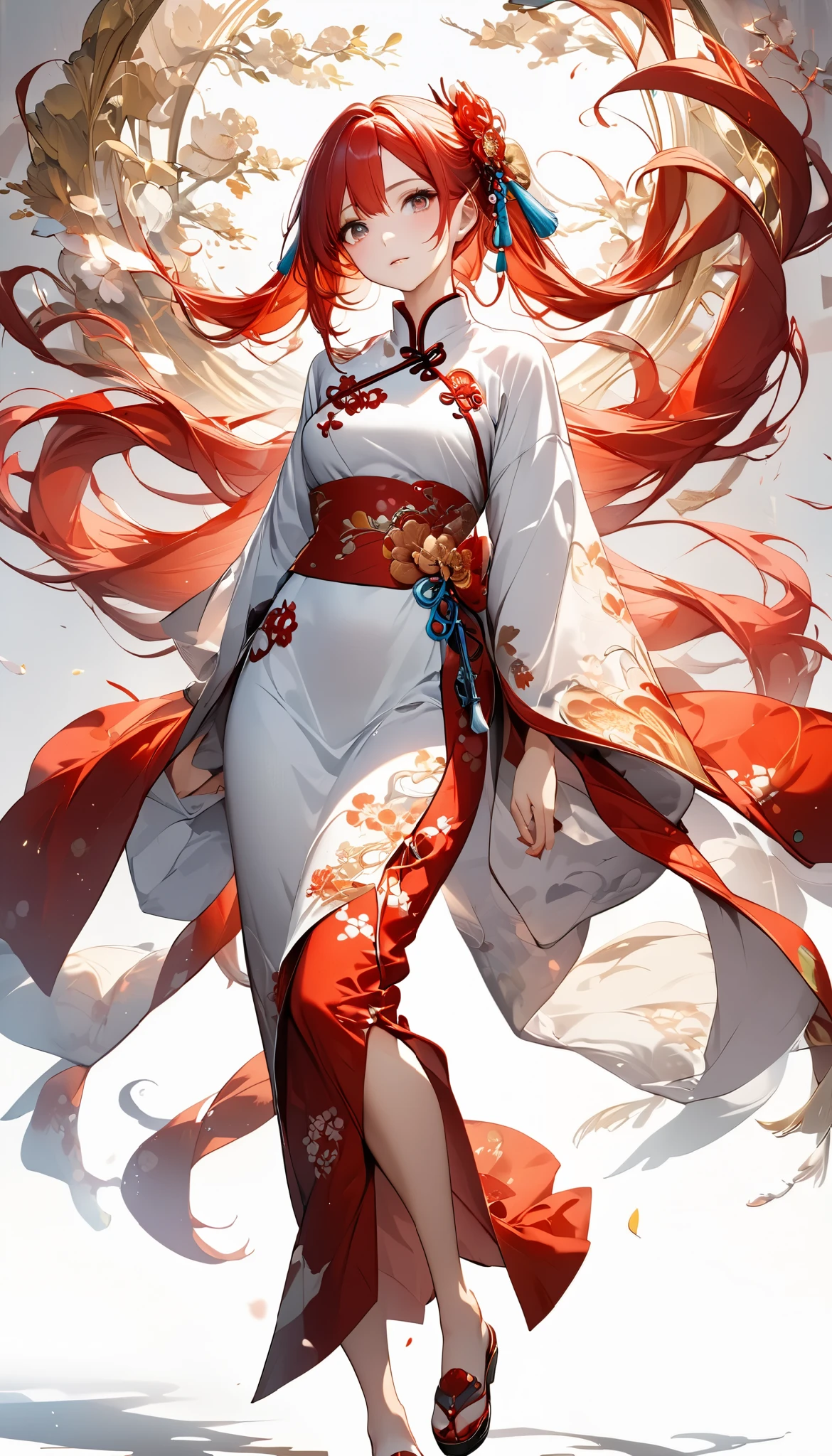     girl , Chinese Costume, whole body, sunlight,     Beautiful skin,    white background  , masterpiece,   {{{{more}}}}, , ,      high image quality ,      Vermilion Hair Extremely Detailed   ,     Official Art   , 8k wallpaper,   {{{{more}}}}, 32K
