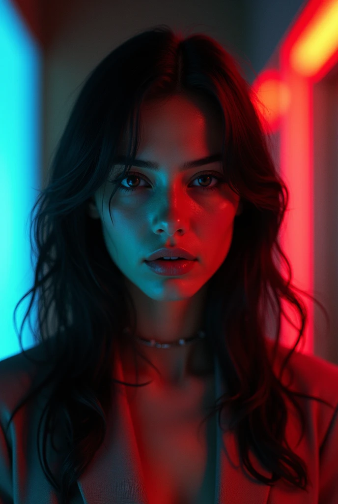 photograph portrait in light dark of a woman with bare skin , transparent lingerie transparent black , magazine pose , resolution 4k , flash cobra , neon lights red , neon blue