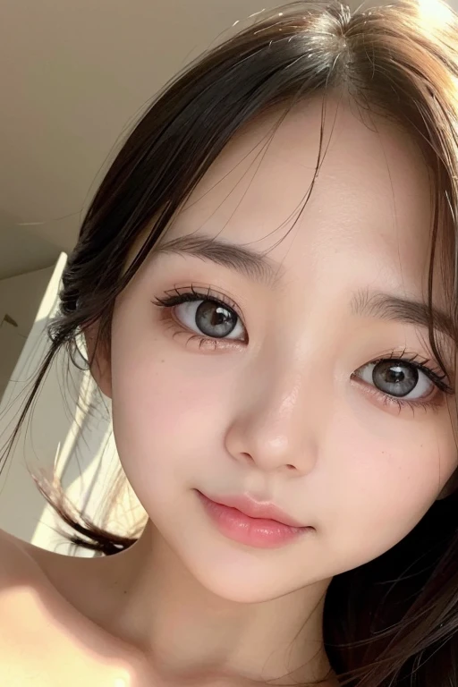 (High resolution:1.3), Japanese, (One Girl), Beautiful Face, (Black-haired、Long Hair:1.4), Beautiful Hairstyles, (bluish gray eyes), Realistic eyes, Beautiful and detailed eyes, (White skin:1.2), Beautiful skins, Highly detailed cute girl,(18-year-old), Selfie、Bedroom