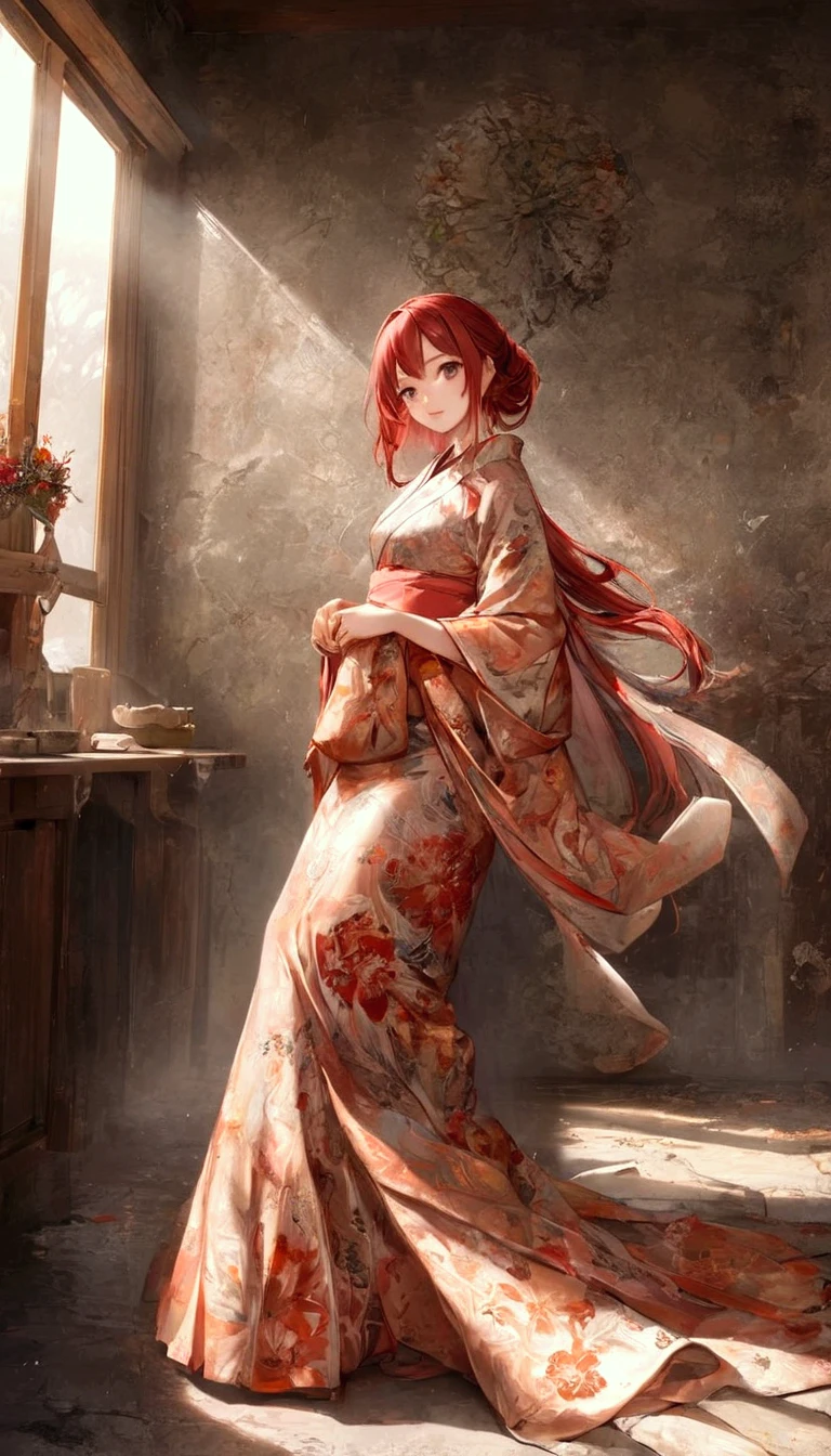  girl ,  beautiful kimono, whole body, sunlight, Beautiful skin,  white background  , masterpiece, {{{{more}}}}, , ,  high image quality ,  Vermilion Hair Extremely Detailed  ,  Official Art , 8k wallpaper, {{{{more}}}}, 32K