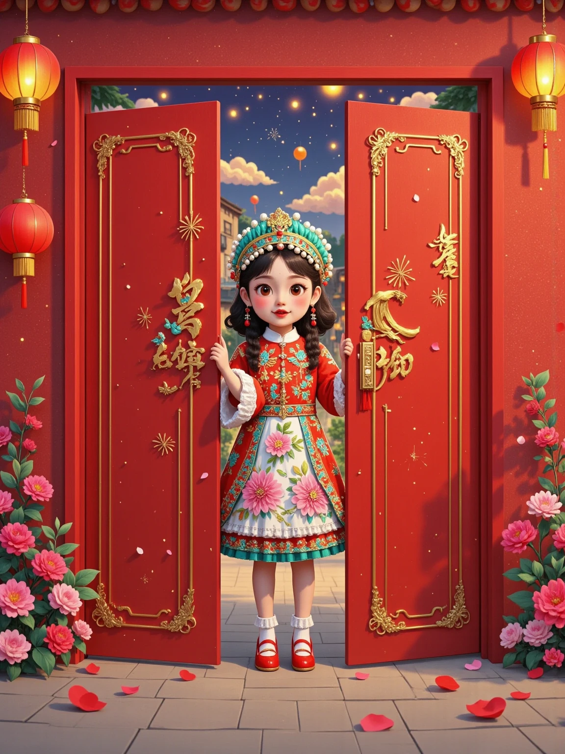 A cute girl and a  peek out from behind a red door， Probe behind a pure red wall ，Rectangular or arched ，close up， Extremely clean picture ，C4D Rendering，Blender，Simple characters， Visually playful ，Playful expression，32k ultra high definition， minimal style， Pixar style ，Poster text “2025 Happy New Year” 