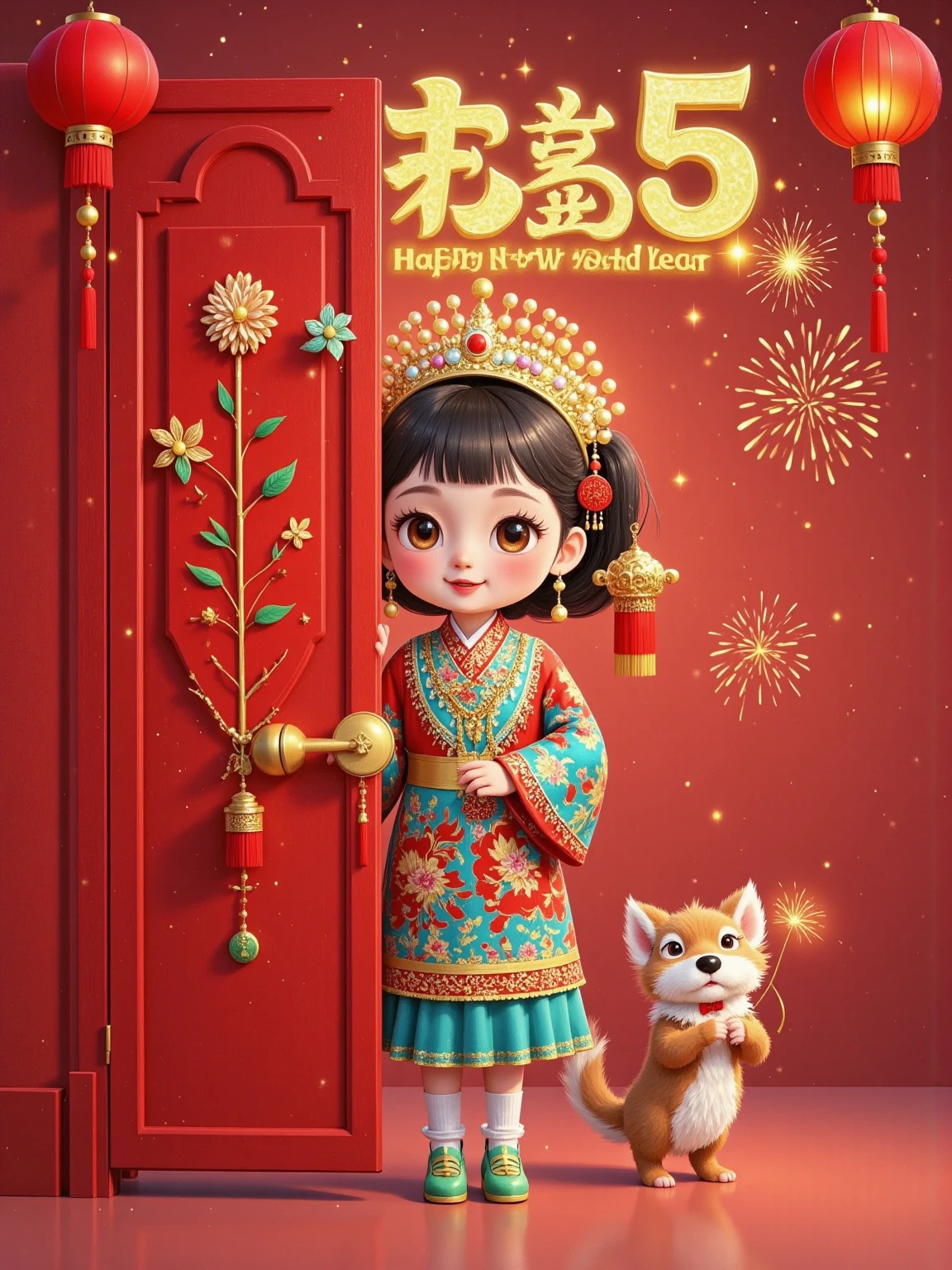 A cute girl and a  peek out from behind a red door， Probe behind a pure red wall ，Rectangular or arched ，close up， Extremely clean picture ，C4D Rendering，Blender，Simple characters， Visually playful ，Playful expression，32k ultra high definition， minimal style， Pixar style ，Poster text “2025 Happy New Year” 