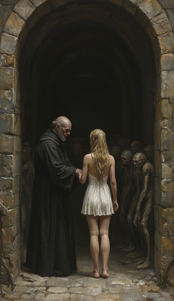 ((high resolution, super detailed frame)), ((focus on small details and atmosphere of the scene)) spring, medieval motives, beautiful girl, long blonde hair, sexy body, in a torn short white dress, bare legs, bare back. Standing in the hall of an old mansion in front of an old ugly hunchbacked bald old monk in a black robe. The old man pulls her by the hand into a dark tunnel. A crowd of short ugly goblins stands around the old man and the girl.