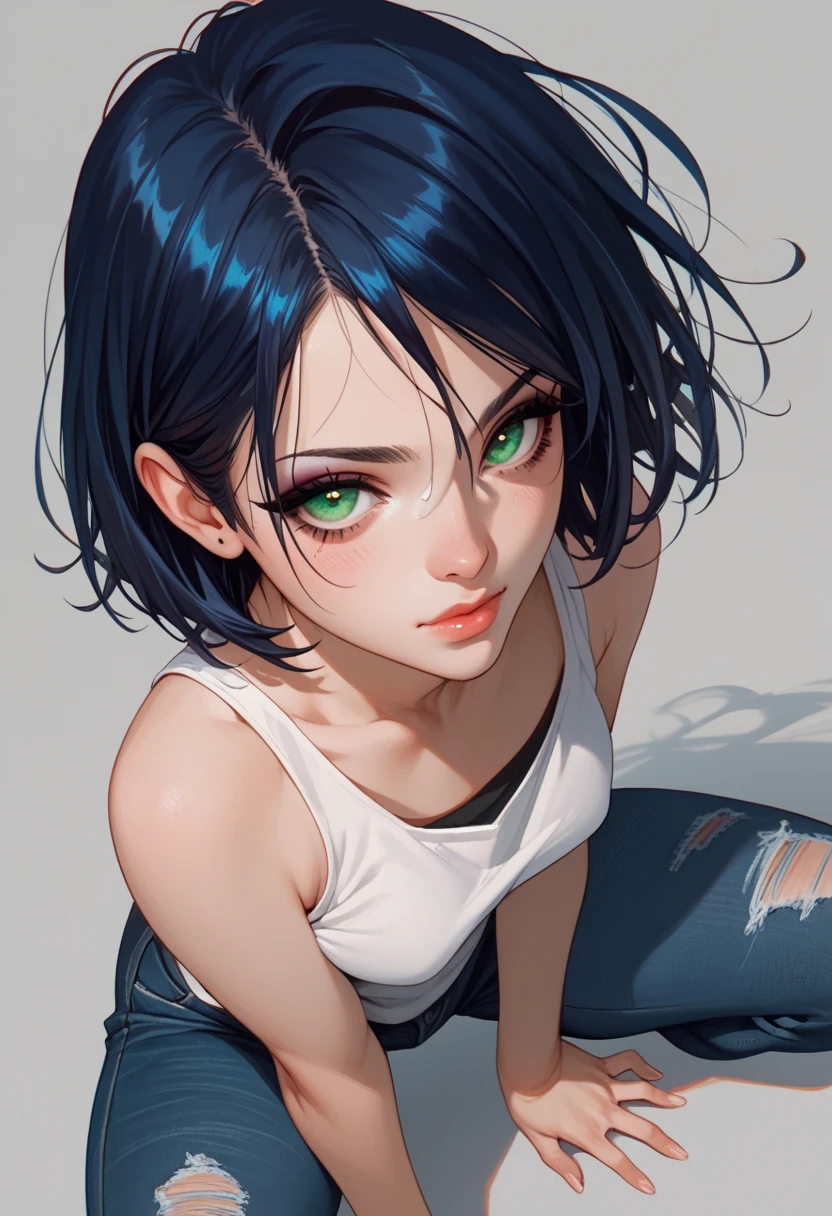 score_9, score_8_up, score_7_up, score_6_up, 1girl, (score_9, score_8_up:1.1), score_7_up, half eyes, black eyelashes, black eyeshadow, black green eyes, eyeliner black, beauty eyes, blue dark hair, blue dark bangs, short hair, white tank top, jeans short pants, dynamic pose, from above, grey background