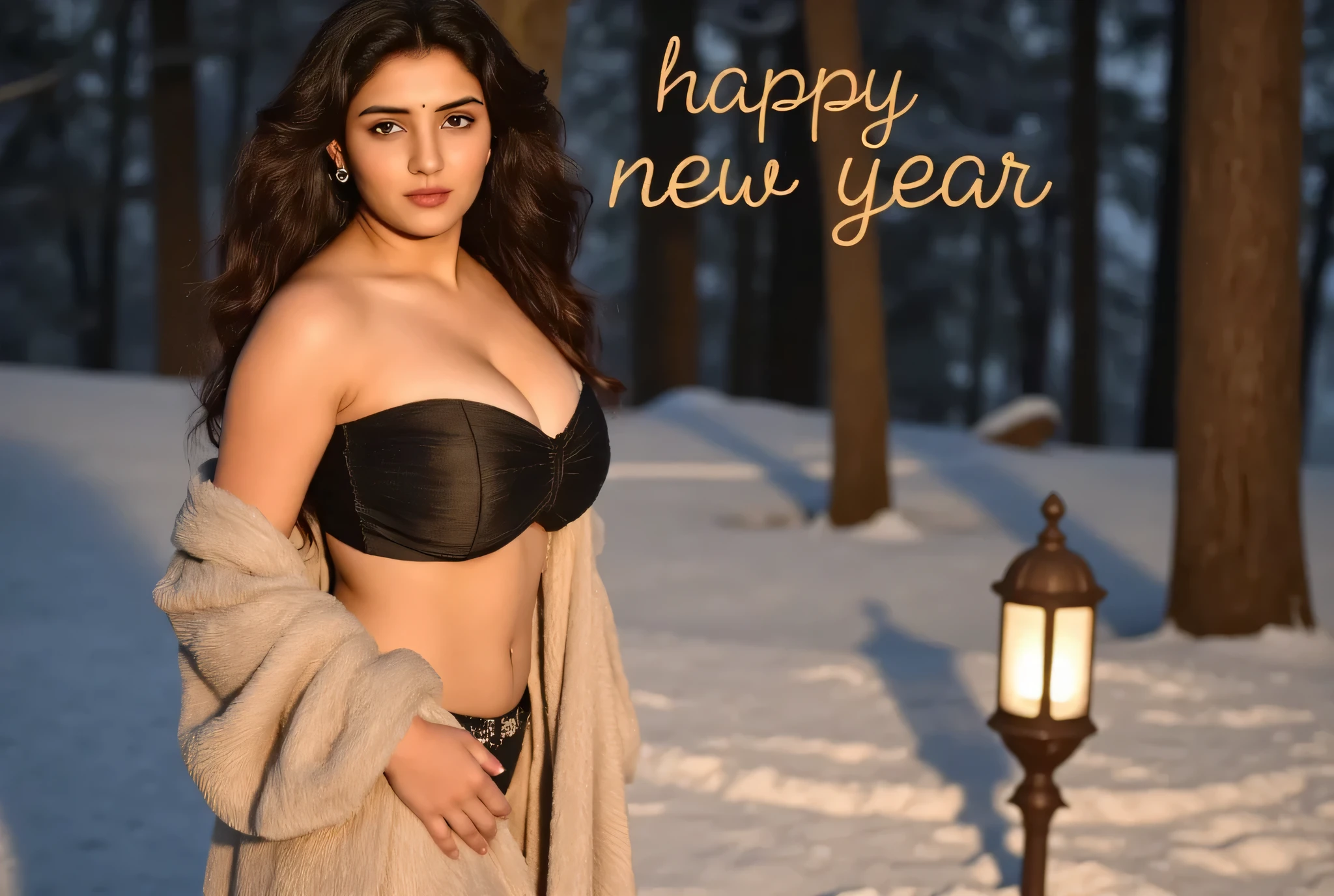 A woman standing in a snowy forest, wearing a fur-lined coat draped loosely over her shoulders, revealing a strapless dress that hugs her figure. Snowflakes rest gently on her exposed skin and the soft fabric of her dress. She stands beside a small lantern glowing with warm light, and 'Happy New Year' is written in elegant, glowing script in the snow beside her. The winter scene feels magical, with tall, snow-covered trees and a peaceful, intimate vibe."