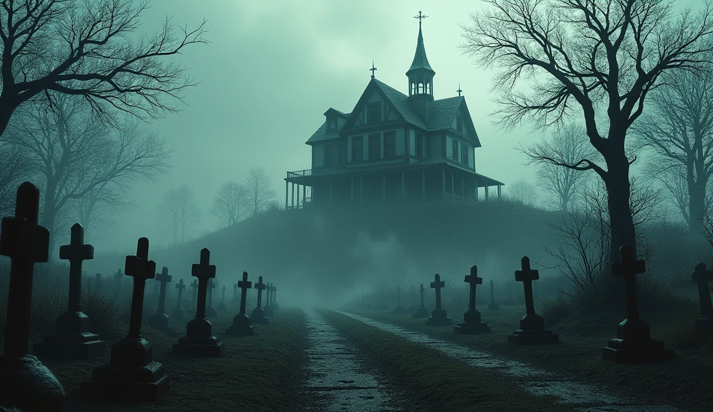 Authentic, moody portrayal of an ancient graveyard, mist rolling between tombstones. The air is thick with fog, and faint apparitions seem to wander aimlessly. An old, gnarled tree stands sentinel, its branches resembling skeletal hands, Eerie, unfiltered capture of an old Victorian mansion, its windows aglow with ghostly blue light. Cobwebs drape from every corner, and shadowy figures seem to loom behind the glass. A murder of crows takes flight, silhouetted against the full moon, adding to the spine-chilling atmosphere