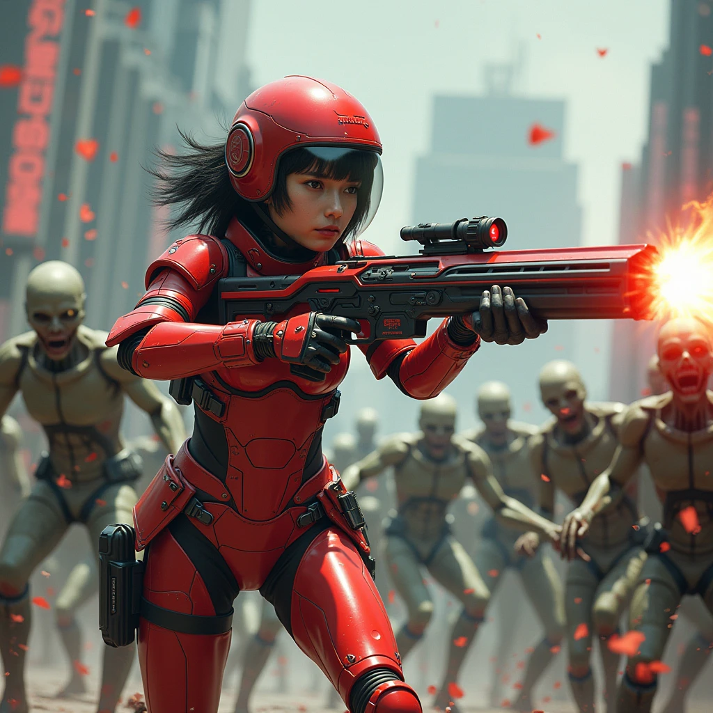 there is a woman in a red dress holding a gun, ash thorp, grim vibrance orientalism, hyperrealistic symmetrical 8k, # sci - fi, female actress from korea, panoramic anamorphic, love death and robots, symmetrical!! sci-fi, gloss, inspired by George Tooker --ar 16:9 --auto --s2