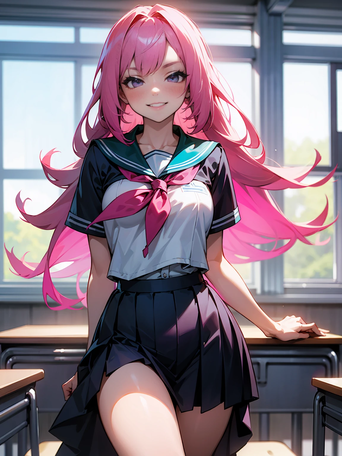  A girl with pink hair wears to college, Smirk, Blink, mini skirt, classroom,  HIGHEST QUALITY , HIGH DEFINITION , Best Works