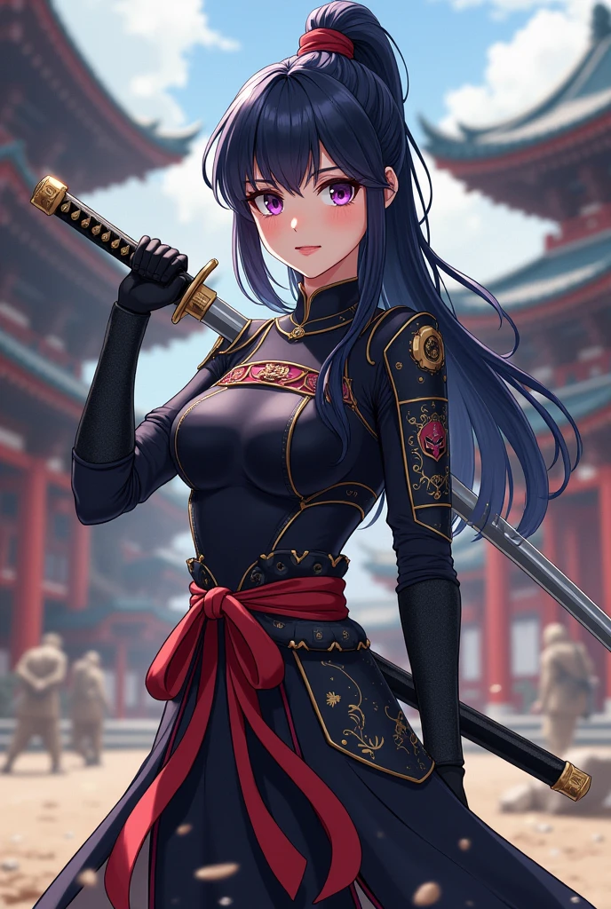 realistic. perfection, 1girl, long hair, black hair, red eyes, army pose, posture, confident look, chinese armor, samurai, swordsman, full breasts, katana, moonlight, chinese empire