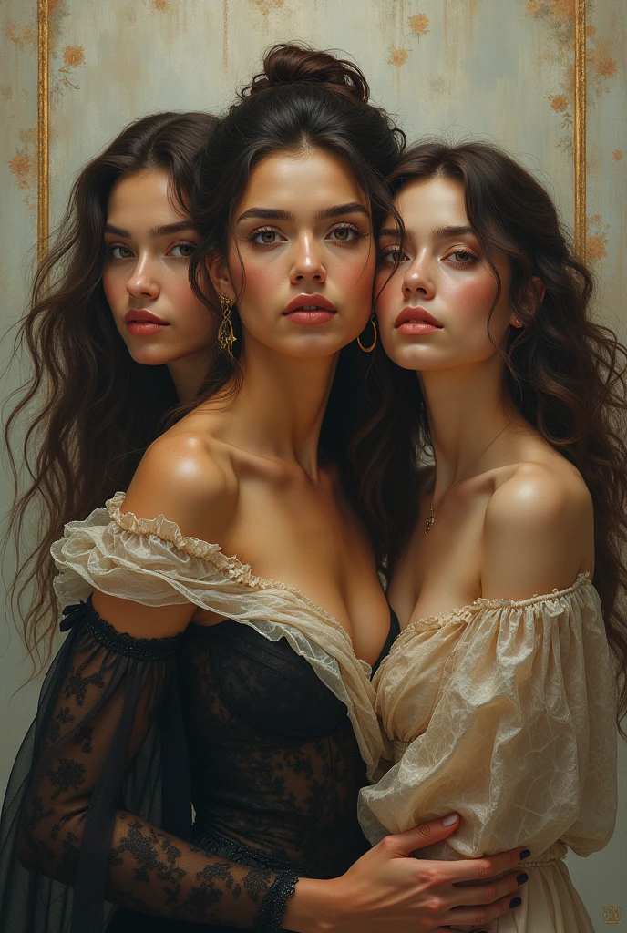make a beautiful young woman with black hair, together with her friends posing for a photo, make the image in black and white, old photo style