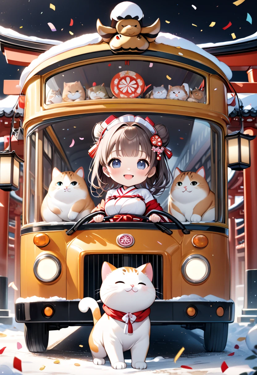 (masterpiece), (ultra-detailed), (best quality), (clear focus), dramatic scene, cinematic, shadow, (ultra-high resolution), (8k), perfect anatomy, perfect face, (detailed face), (detailed eye), (chibi:1.3), (cute Japanese chibi small girl:1.3), famous Japanese chibi idol, very beautiful with cute but cool face, (the girl is wearing a cute Japanese shrine maiden's costume:1.2), black tights, (medium breasts), (She is driving a shrine decorated bus with a cute giant fat cat:1.3), the bus runs on a deeply snow covered wide road, (the bus looks like a main hall of the Japanese shrine with torii gate decoration:1.2), professional lighting, (confetti), (the giant fat cat is mewing on the bus:1.3), (detailed giant fat cat:1.3), they looks so happy, happy smile,