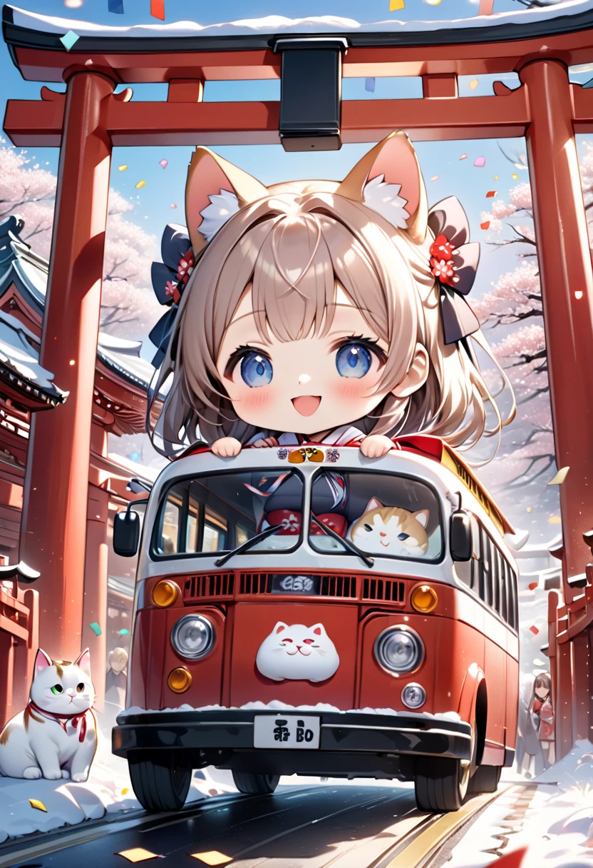 (masterpiece), (ultra-detailed), (best quality), (clear focus), dramatic scene, cinematic, shadow, (ultra-high resolution), (8k), perfect anatomy, perfect face, (detailed face), (detailed eye), (chibi:1.3), (cute Japanese chibi small girl:1.3), famous Japanese chibi idol, very beautiful with cute but cool face, (the girl is wearing a cute Japanese shrine maiden's costume:1.2), black tights, (medium breasts), (She is driving a shrine decorated bus with a cute giant fat cat:1.3), the bus runs on a deeply snow covered wide road, (the bus looks like a main hall of the Japanese shrine with torii gate decoration:1.2), professional lighting, (confetti), (the giant fat cat is mewing on the bus:1.3), (detailed giant fat cat:1.3), they looks so happy, happy smile,