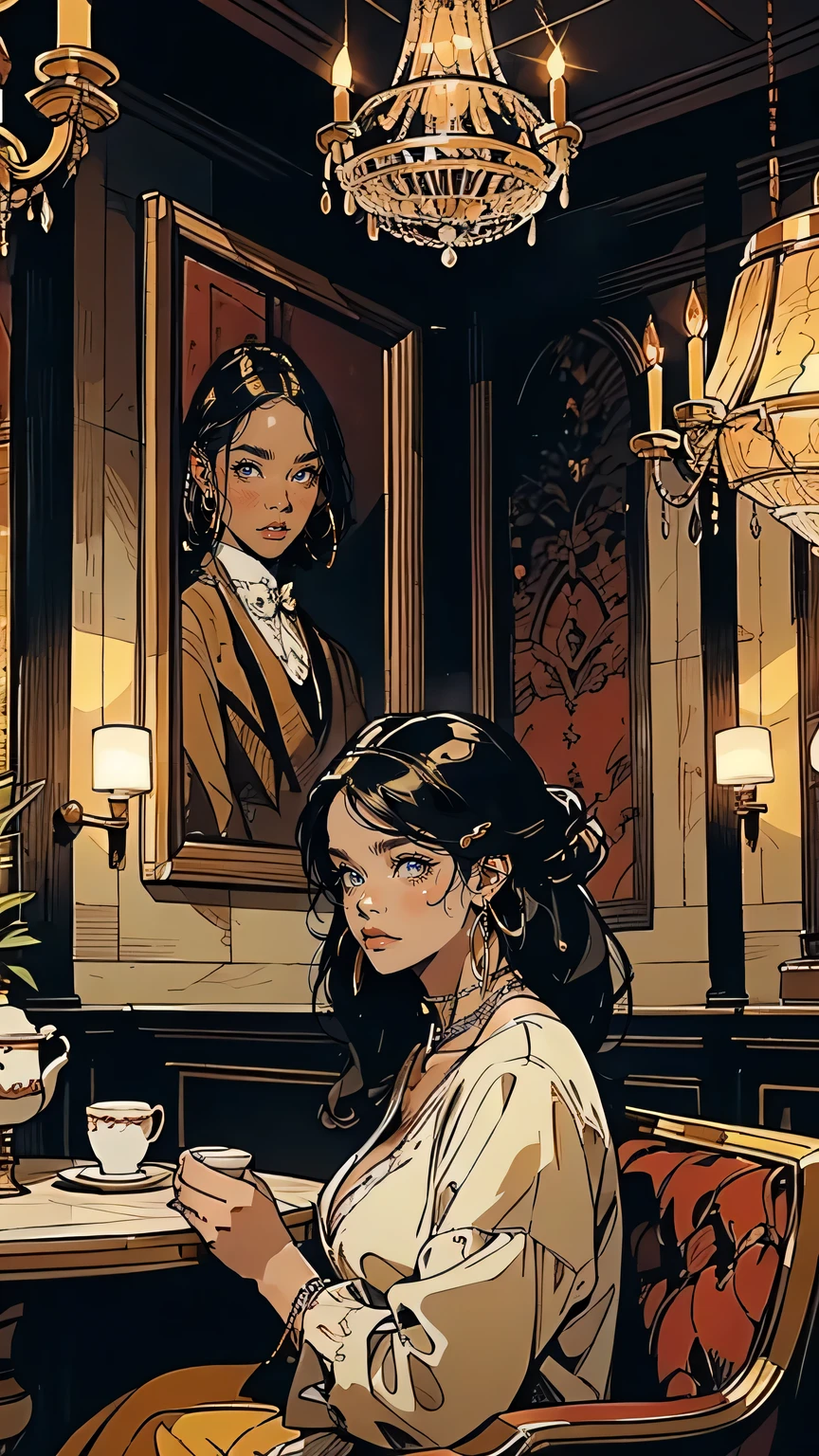 “A grand dining room inside the Ferrini family manor, with a long, polished wooden table set for a formal dinner. A crystal chandelier hangs above, casting warm light over the room. Family members sit in their designated places, dressed in elegant evening wear, their faces a mix of tension and forced politeness. Alessandra Ferrini sits at the center, her expression calm but her eyes betraying her inner turmoil. The table is adorned with fine china and traditional Sicilian dishes, but the heavy silence in the room suggests unspoken conflicts brewing beneath the surface.”