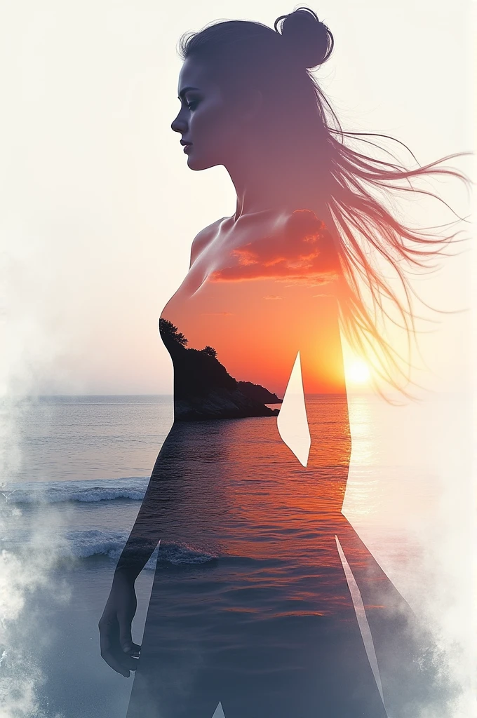 high quality, 8K Ultra HD, A beautiful double exposure that combines an goddess silhouette with sunset coast, sunset coast should serve as the underlying backdrop, with its details incorporated into the goddess , crisp lines, The background is monochrome, sharp focus, double exposure, by yukisakura, awesome full color,