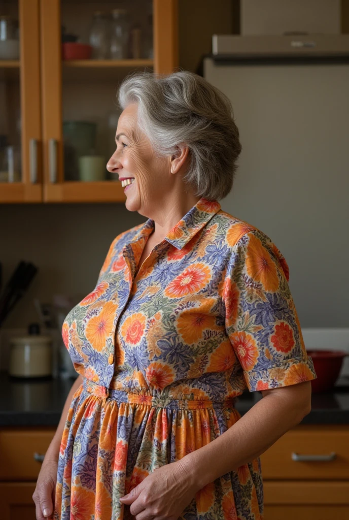 A real photo of a mature grandmother with huge full breasts, detailed face, graying hair, happy smile, colorful flare skirt shirtwaist dress, profile view, sharp focus, profile view, fully clothed, huge round breasts, over-the-shoulder shot, full body, huge breasts. Background: kitchen