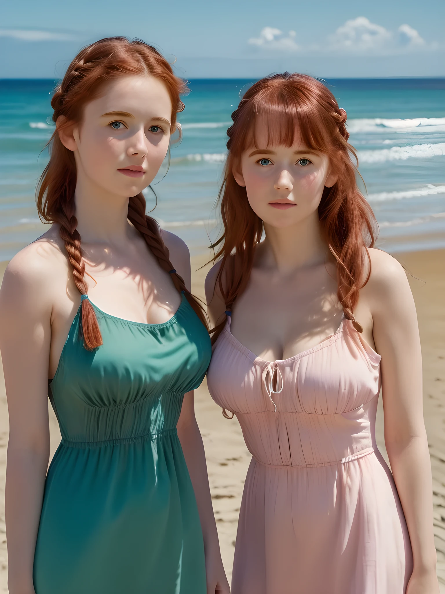 (best quality,4k,8k,highres,masterpiece:1.2),ultra-detailed,(realistic,photorealistic,photo-realistic:1.37), ((Clare and friend on a beach, wearing summer dress, shy, pale skin)), ((very large bust size for her young age)), braided red hair