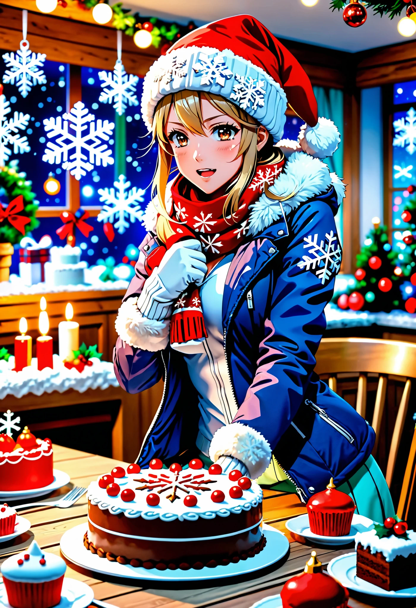 anime,  1 girl fights,  Beautiful,  sexy,  perfect anatomy, Beautiful Gloves ,  winter jacket, scarf,  position, Christmas hat, snowflake background,  Christmas decorations,  room, table, Cake, bright colors, flowers,  complex details , 8 k,  maximum quality,