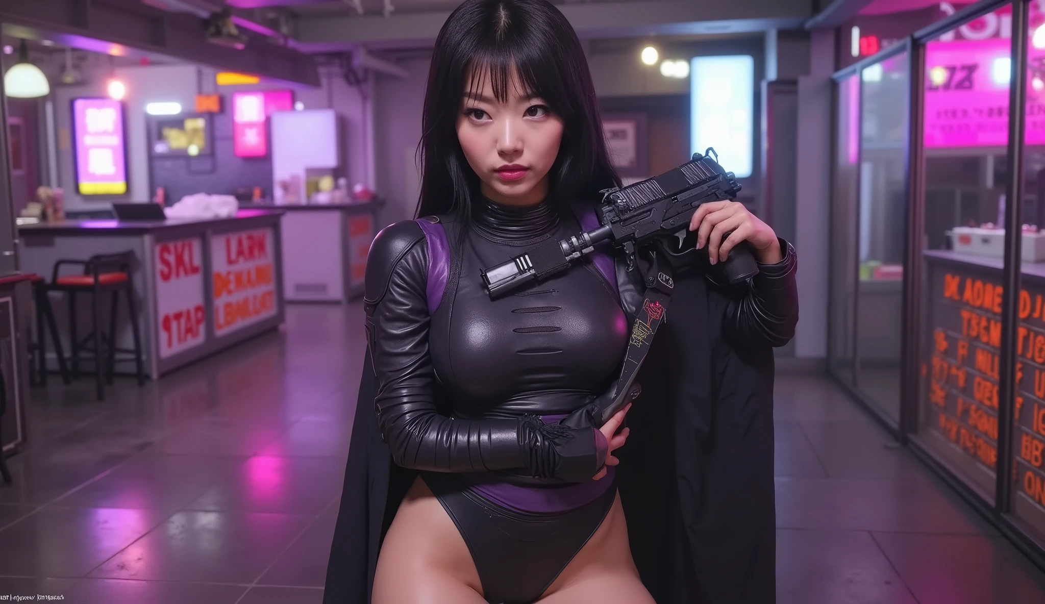 (Star Wars, classic 70s cinema look) a cute bounty hunter (cute, Asian, sexy black and purple tiny combat armor, blades and blaster pistols) has been contracted to hunt down Obi wan Kenobi