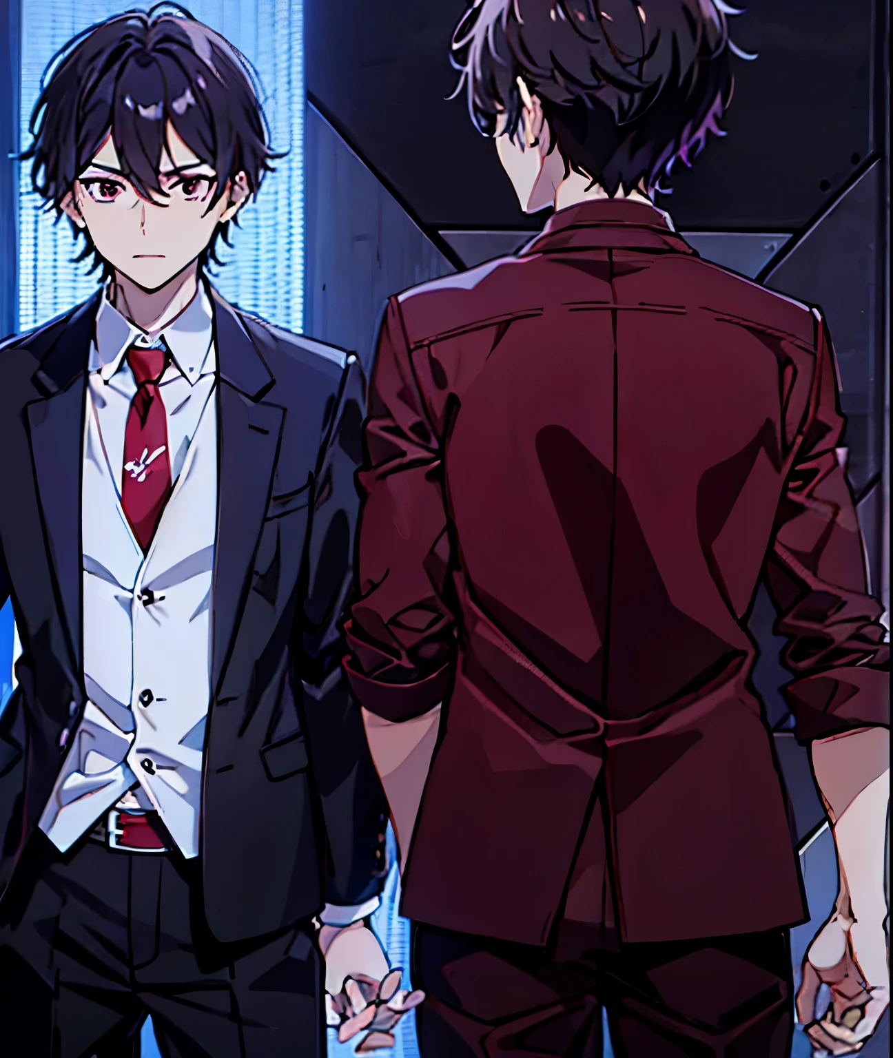 2 anime boys, wearing white shirt, red tie, black pants, hand on shoulder , white clothes 