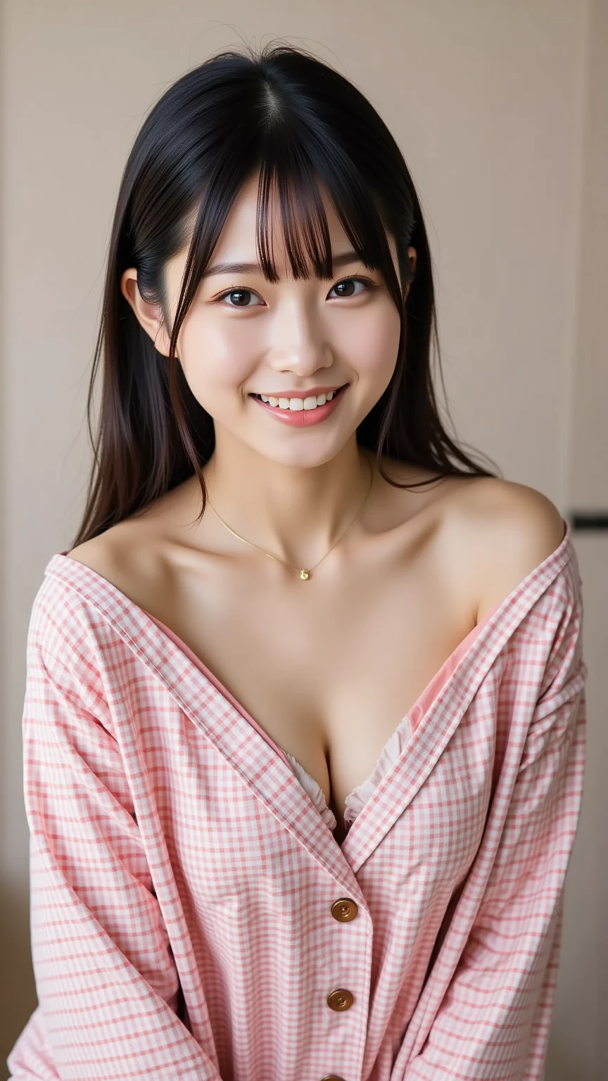 オフショルダーのパジャマwearポーズをとっている、  cute woman in underwear posing with a smile,    check shirt   ,  wear、In front of my chest  ,  look up above my collarbone   、  The background is a solid color 。  

