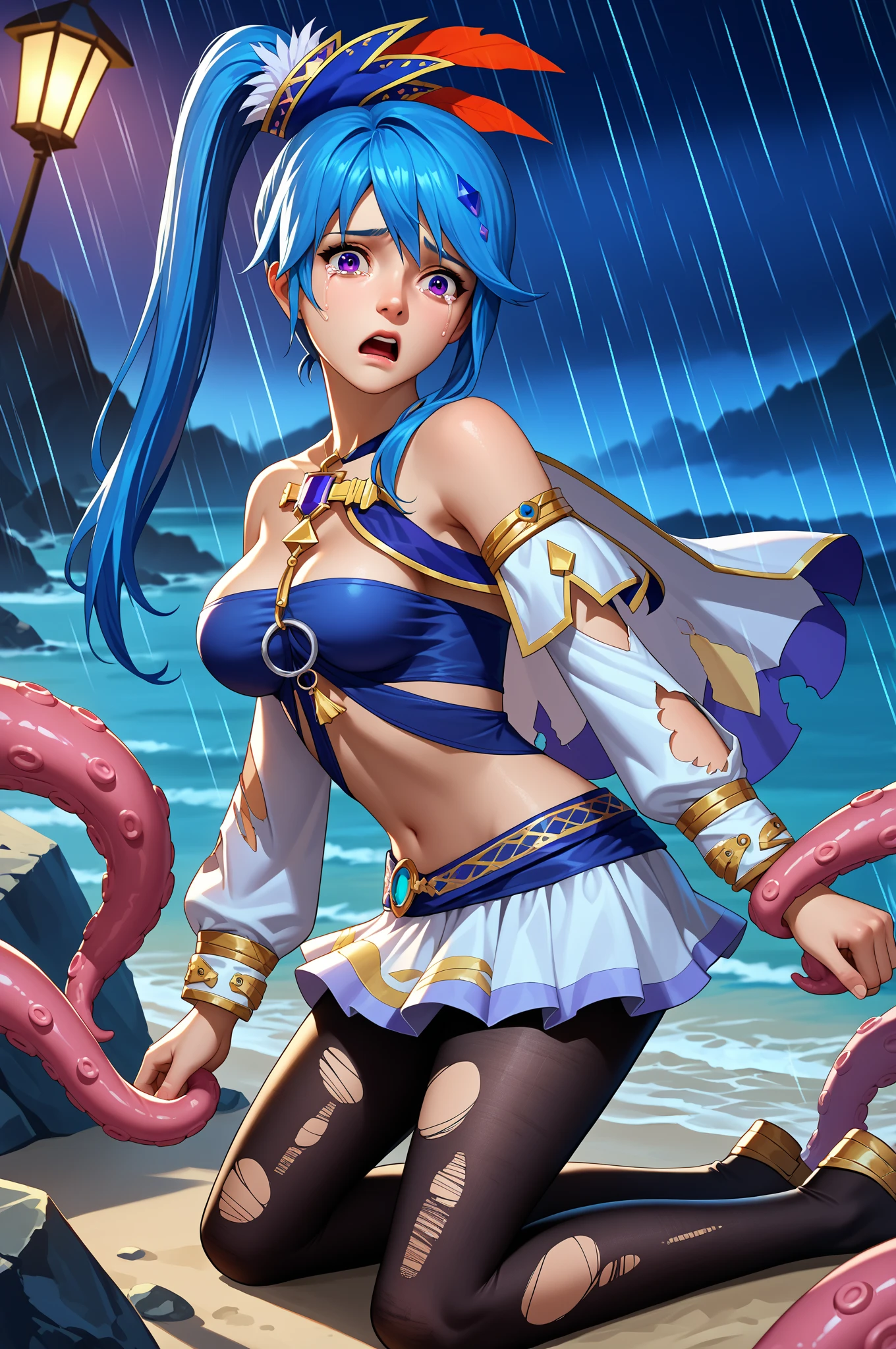 masterpiece,Highest quality, Unreal Engine, Super Resolution, Very detailed,
1 Girl, Waist, thin, (Muscular:0.8)
Round Breasts, Big Breasts, Bold,  Part your lips, Observe the audience,
, sexy pose
Waist shot,(Tentacles entangled in chest:1.6),
Simple background anime style, Key Visual,
 Light blue hair, Red eyes, Long-haired monk \(dq3\)
,Light Blue Panties,Tabard Elbow Gloves,Orange full body pantyhose 1.3,((Spread your legs and raise them:1.3))