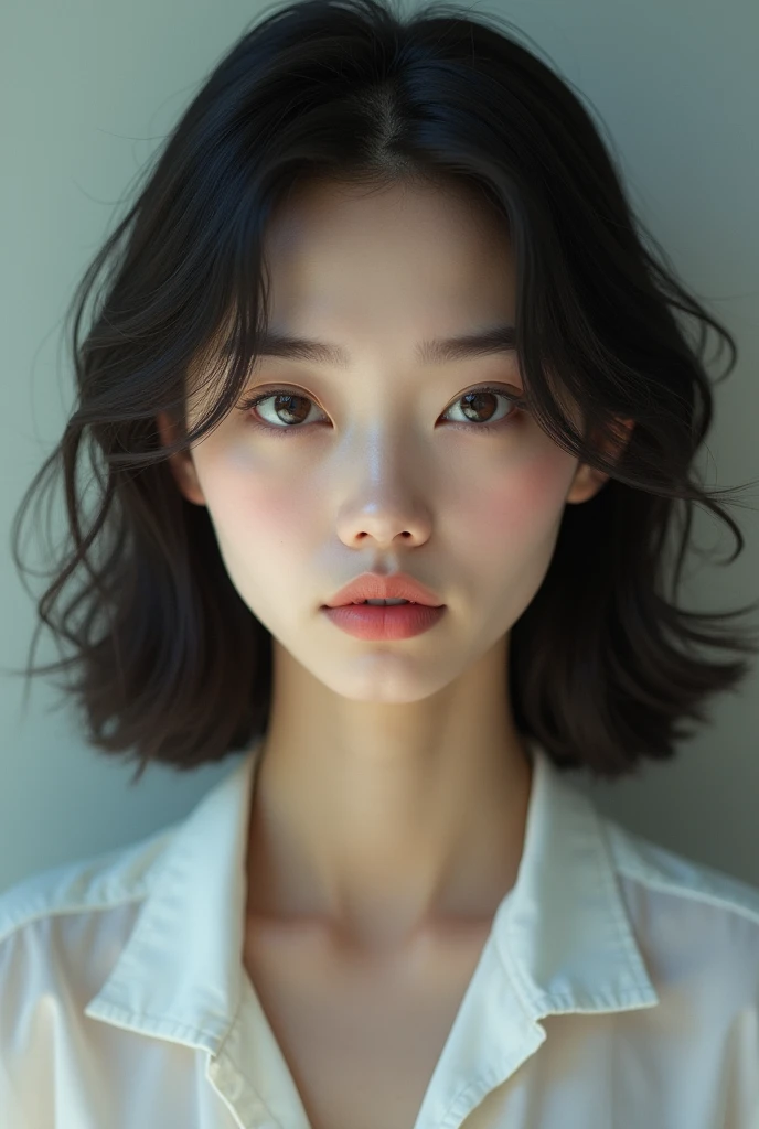 Japanese woman, short hair, streight face showing no emotion, looking into camera, tank top, no bra, standing streight, frontal view, highly detailed face, high resolution, no make-up, photorealistic