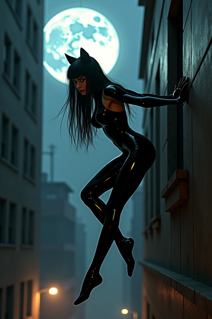 NSFW、One Girl、(20-year-old woman)、Cat ears headband、Anal plug with a tail、Black enamel high leg suit、Ultra-thin suit、Skin is transparent、squat、Cat Pose、Black cat、City、Back alley at night、Green Eyes、Beautiful eyes、Laugh with fangs out、Faces aiming for prey、View from below