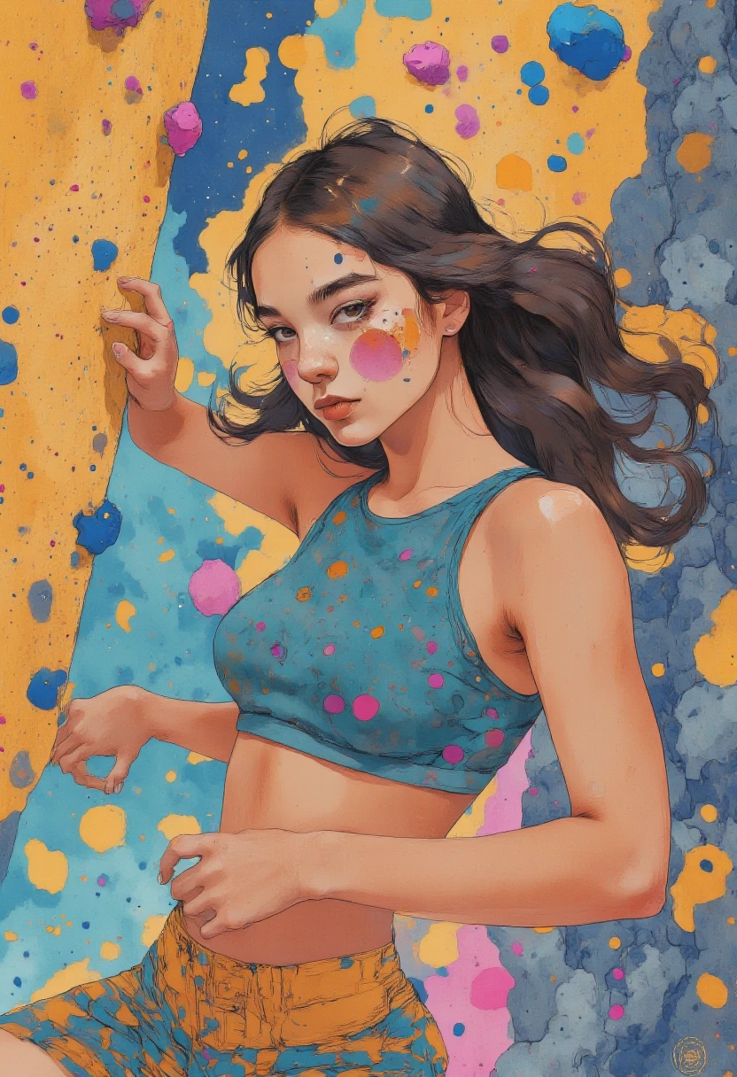 samdoesarts style award winning half body portrait of a beautiful woman in a croptop and cargo pants with ombre navy blue teal hairstyle with head in motion and hair flying, paint splashes, splatter, outrun, vaporware, shaded flat illustration, digital art, trending on artstation, highly detailed, fine detail, intricate