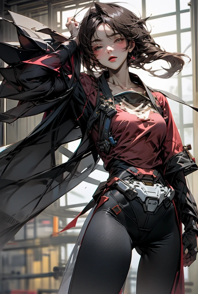 Tall woman, cheeky mad smile, brunette, hair gathered in a low bun, red and black clothes with open chest, purple eyes, dragon tail and horns, belts, pants, many details, light lipstick