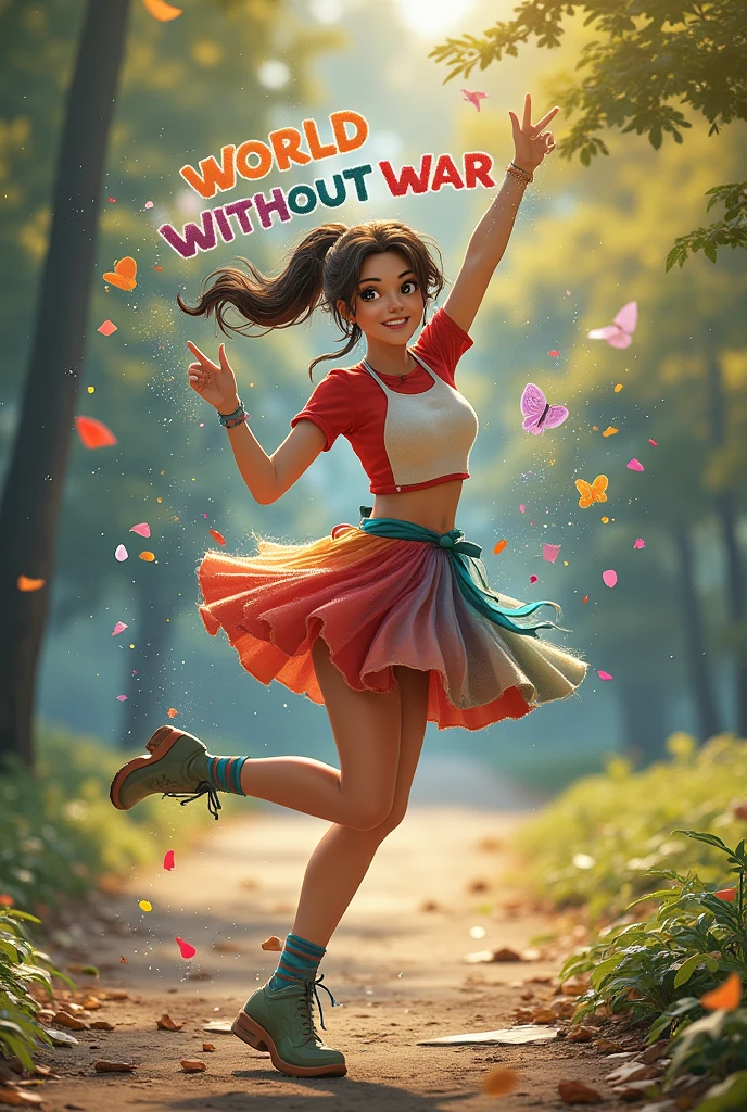 Masterpiece, highest quality, high resolution4k, 8k, (realistic, photorealistic: 1.5), ((A creative poster with the text "World without war". The text is floating in the air with a furry texture, surrounded by colorful wool and light colors.):1.2) The background features a serene park with trees and flowers, and soft sunlight filtering through the leaves. The overall atmosphere is peaceful and hopeful. beautiful woman in cropped tops and short skirt, dancing pose, smile, detailed eyes, detailed face, covered gigantic breasts
