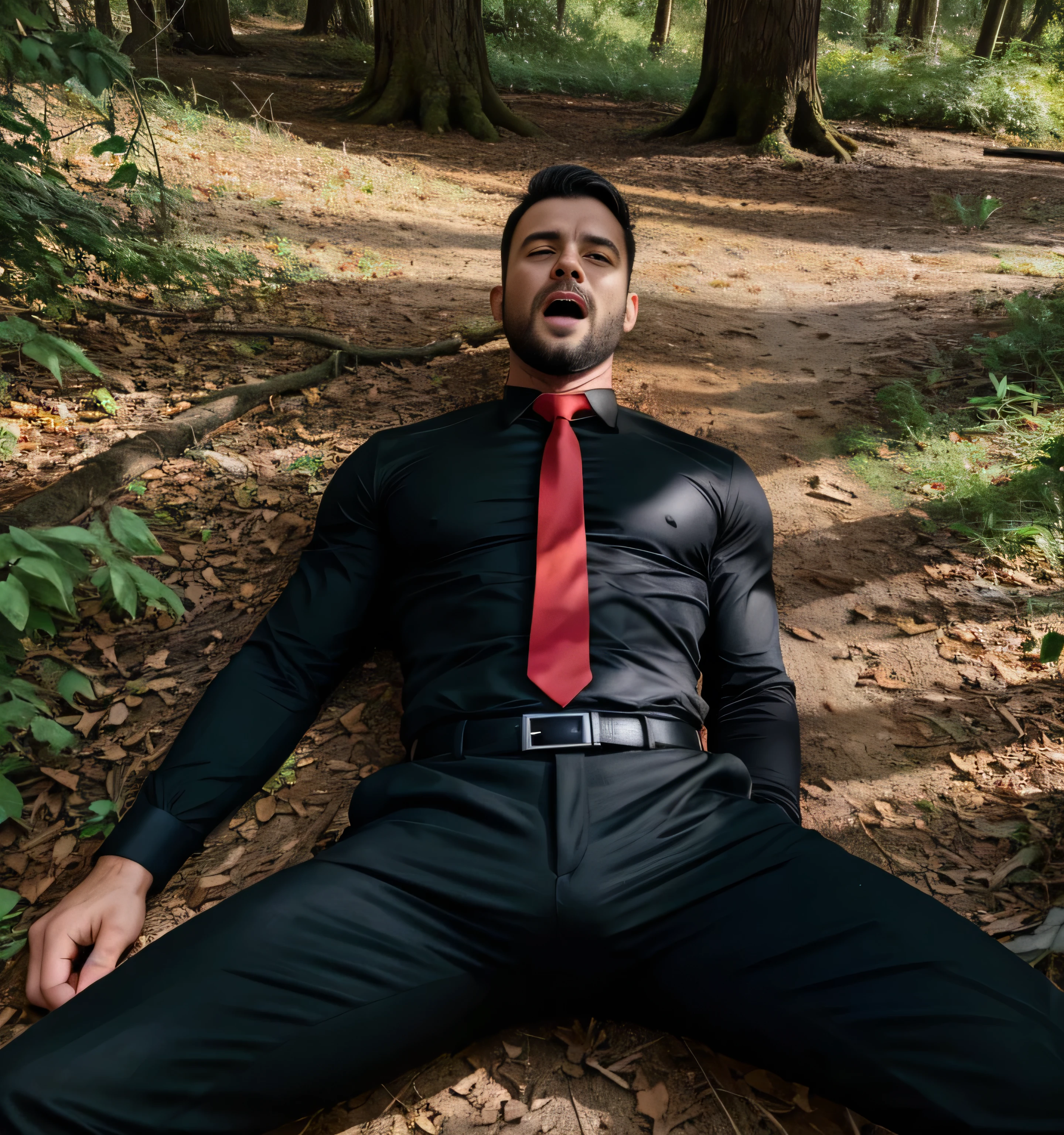 Two people wearing black ties, Fat Chinese mature middle-aged man with security guard lying in the forest，Cover your stomach with your hands