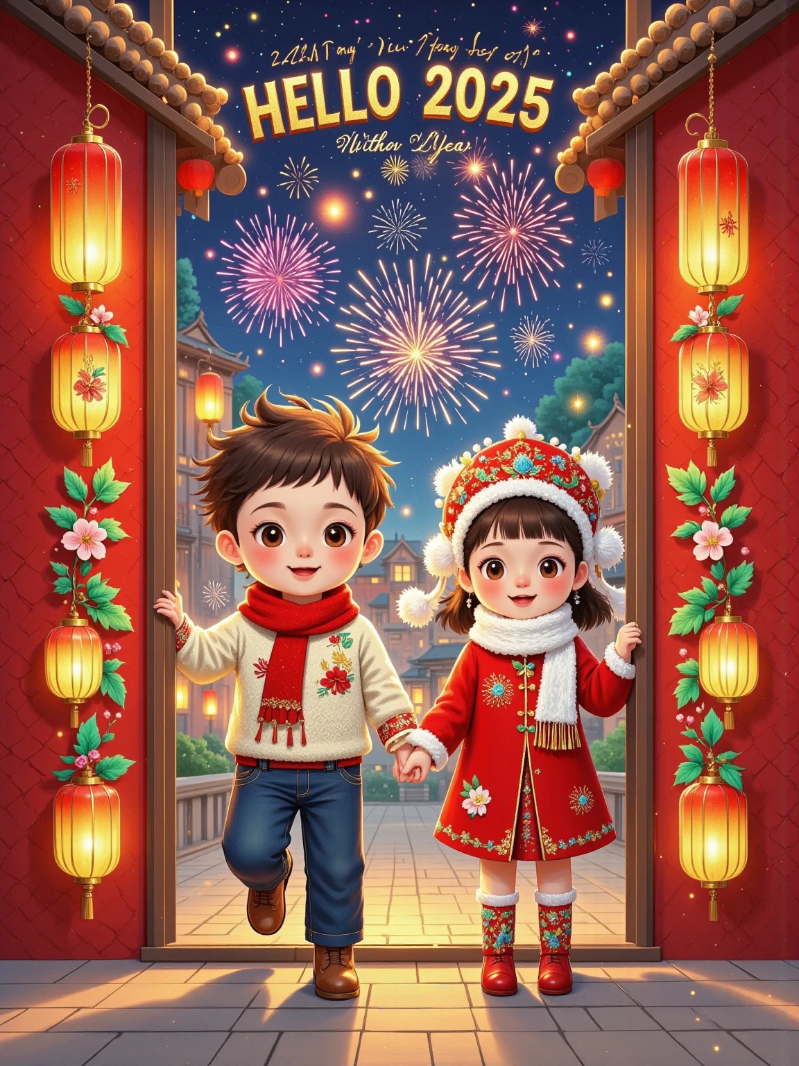 Flat illustration, New Year poster, surreal, glowing text "HELLO 2025" at the top, subtitle "With loved ones", a cute boy (short brown hair, white sweater, red scarf) and a cute girl (long brown hair, red sweater, white scarf) peeking from behind a red door, peeking from behind a solid red wall, rectangular or arched doorway, visually playful, playful expressions, front view, fireworks, particle glow, blurred background, depth of field, whimsical New Year atmosphere, New Year's Eve atmosphere, festive atmosphere, soft lighting, dreamy atmosphere, storytelling, artistic, 8K, masterpiece