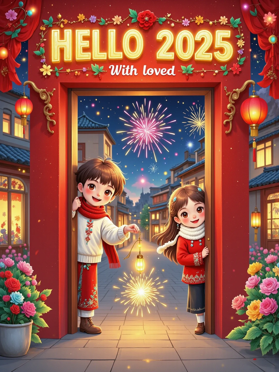 Flat illustration, New Year poster, surreal, glowing text "HELLO 2025" at the top, subtitle "With loved ones", a cute boy (short brown hair, white sweater, red scarf) and a cute girl (long brown hair, red sweater, white scarf) peeking from behind a red door, peeking from behind a solid red wall, rectangular or arched doorway, visually playful, playful expressions, front view, fireworks, particle glow, blurred background, depth of field, whimsical New Year atmosphere, New Year's Eve atmosphere, festive atmosphere, soft lighting, dreamy atmosphere, storytelling, artistic, 8K, masterpiece