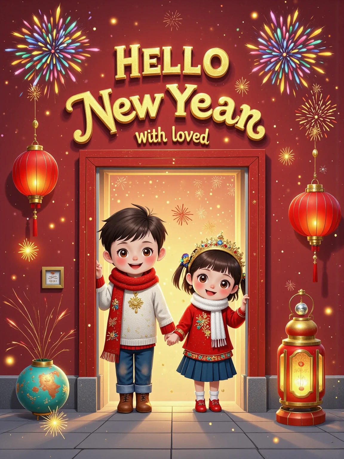 Flat illustration, New Year poster, surreal, glowing text "HELLO 2025" at the top, subtitle "With loved ones", a cute boy (short brown hair, white sweater, red scarf) and a cute girl (long brown hair, red sweater, white scarf) peeking from behind a red door, peeking from behind a solid red wall, rectangular or arched doorway, visually playful, playful expressions, front view, fireworks, particle glow, blurred background, depth of field, whimsical New Year atmosphere, New Year's Eve atmosphere, festive atmosphere, soft lighting, dreamy atmosphere, storytelling, artistic, 8K, masterpiece